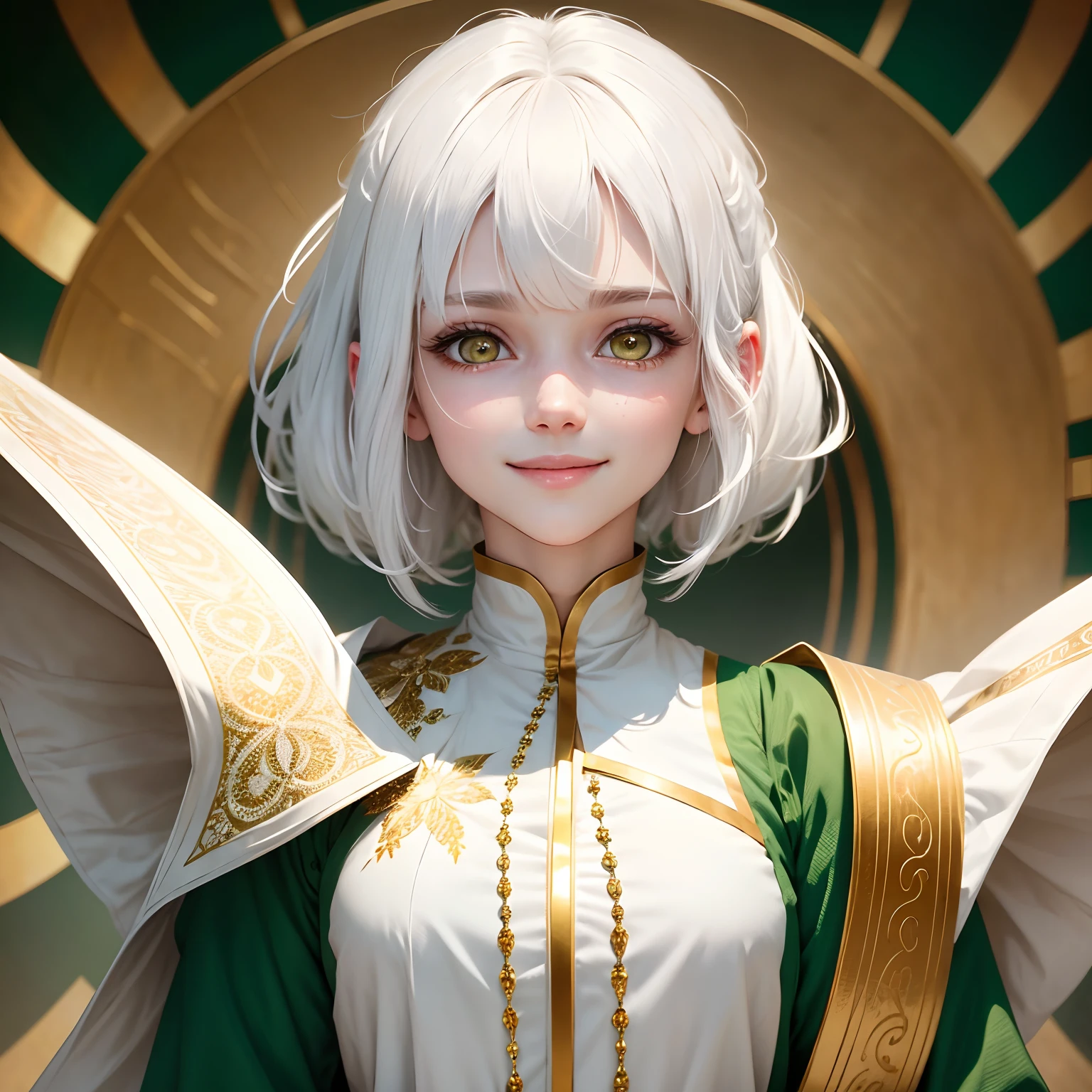 best quality, white hair, gold eyes, green clothes, looking up, upper body, hair strand, Fair skin, smiling