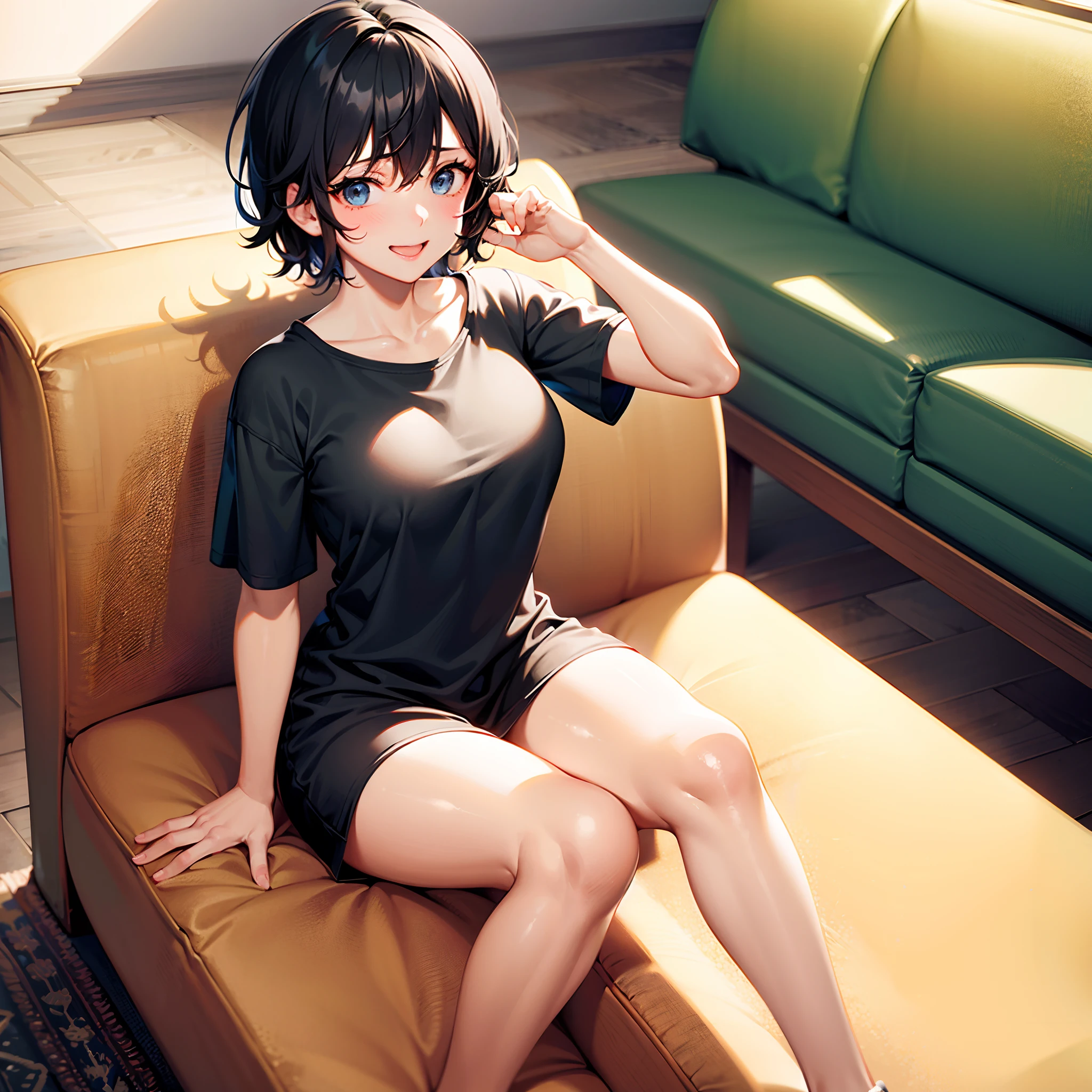 Female, solo, black hair, older than me, messy hair, new, black, Short Hair, black hair, Lazy, t-shirt, Not wearing pants, Excited face, tired eyes, lazy girl, Sitting on the Sofa, loose hair, medium , anime (aegyo sal:1), looking at viewer, full body, facing front, Faceache