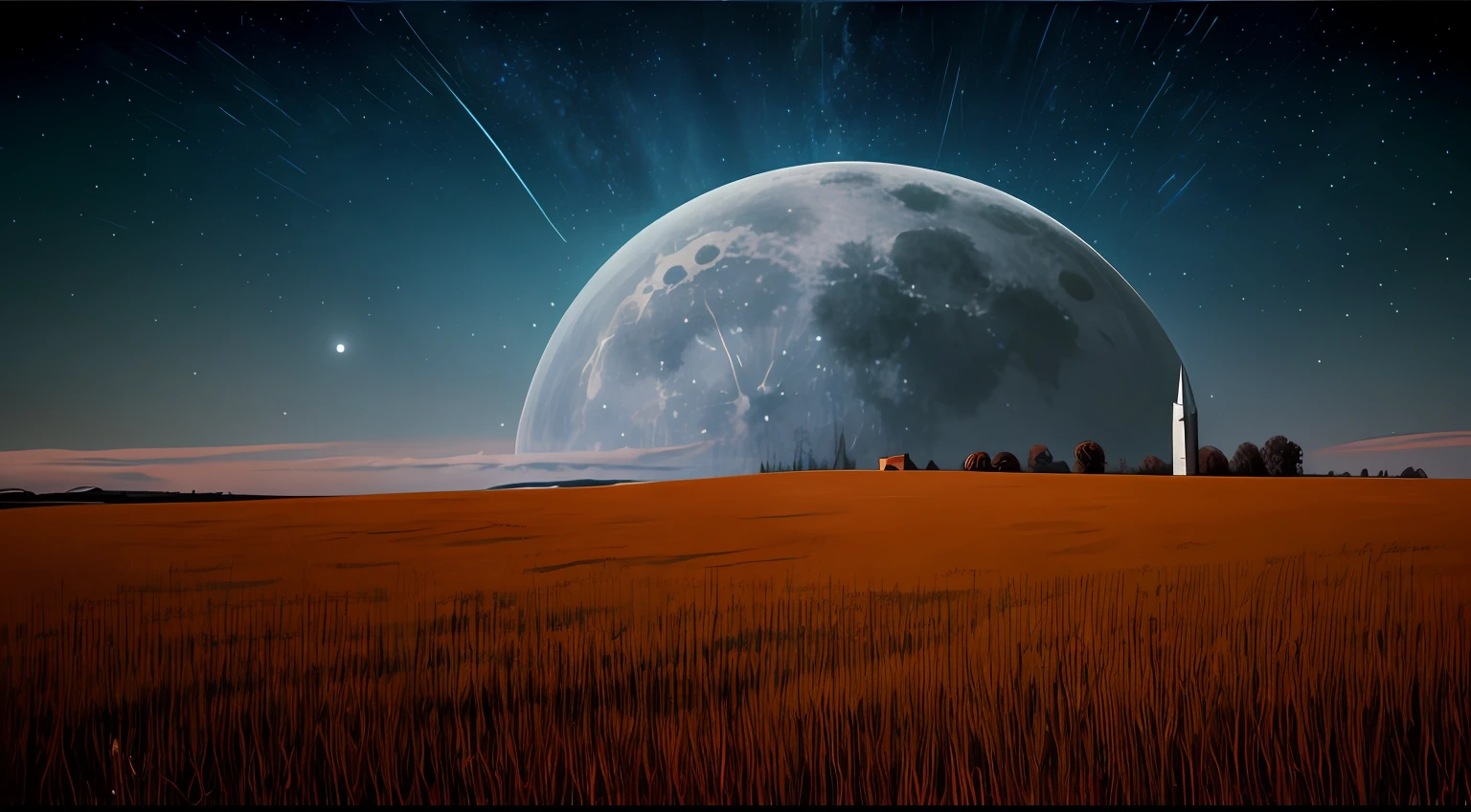 Big pale moon, No buildings or people, No building,Arnold Böcklin style paintings, Realistic,High quality, ultra realistic textures, Breathtaking lighting, Trending in art stations, Award-winning captures, Canon-EOS-R5, 8K分辨率,  No humans, Gas Giant Rising, Floating Spire, vivd colour, Ethereal sky