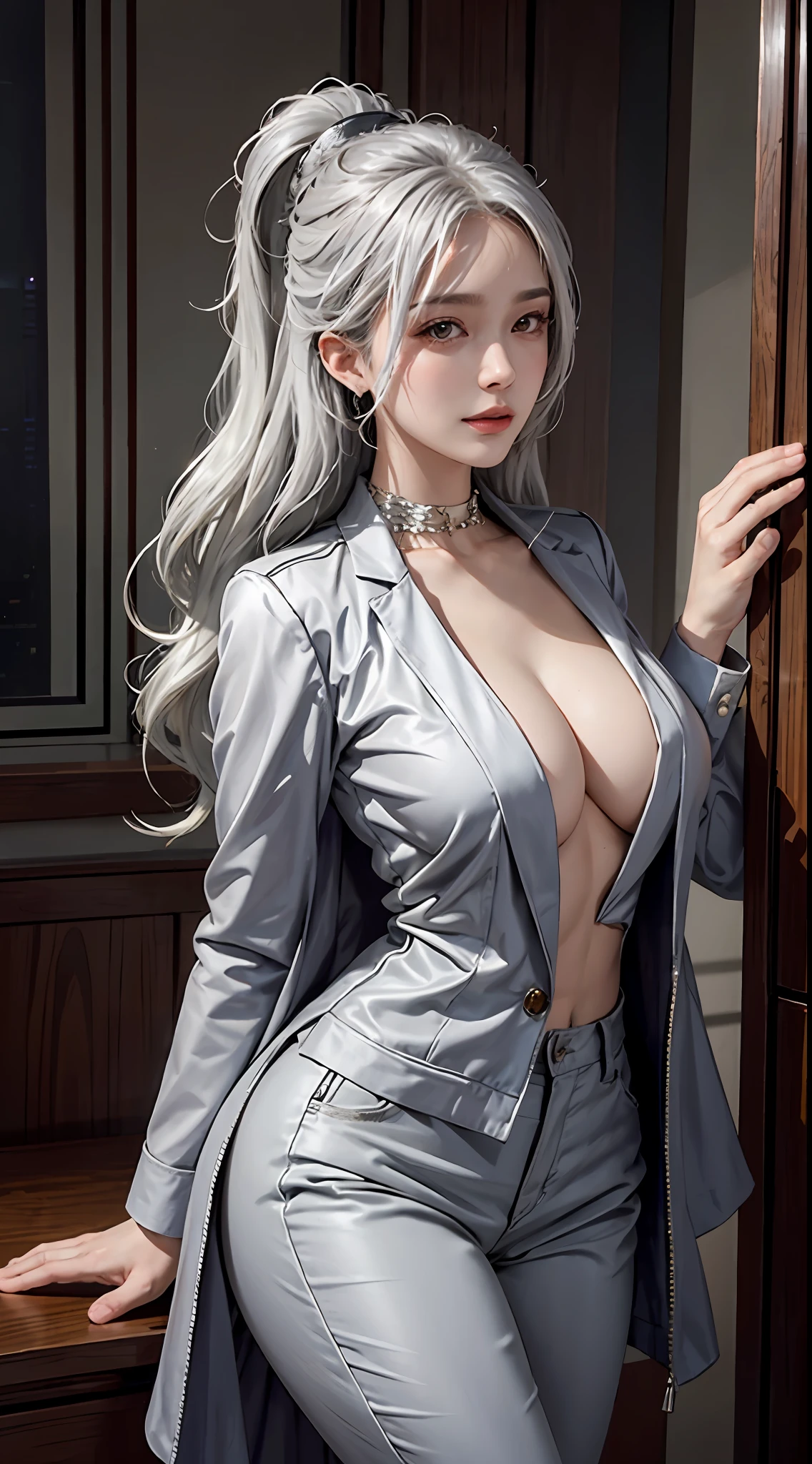 photorealistic, high resolution, soft light,1women, solo, hips up, shining skin, (detailed face),tattoo, jewelry, grey suit, open jacket, office lady, suit, pants, from behind, night, white hair, wavy hair, Beautiful Soldier, Eyes That Invite Viewer, Lover's Perspective, Inviting Expression, Sexy Smile, Perfect Style, Perfect Balance, Detailed Skin, Naughty Gaze, Chest Visible