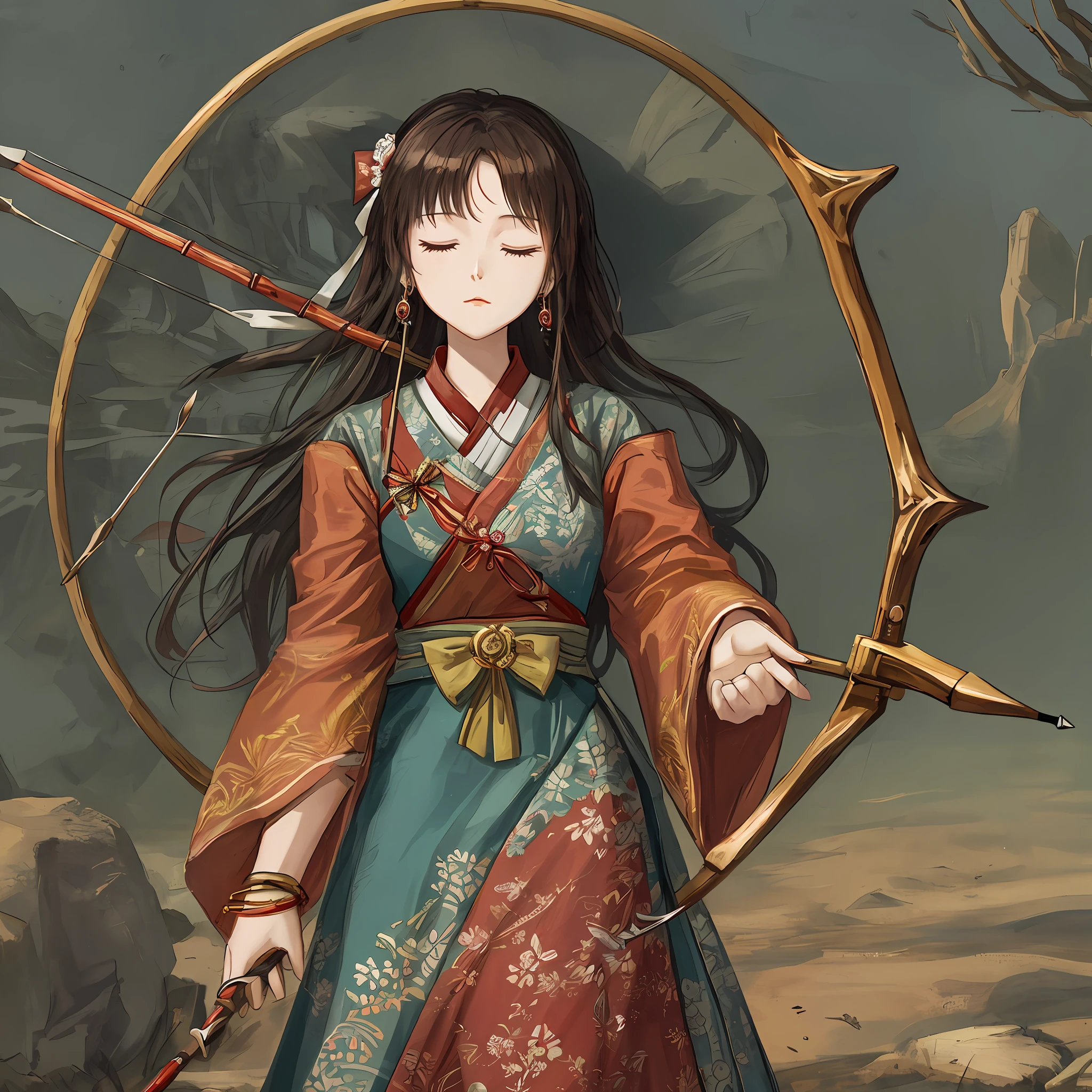 A woman's head is pierced by a bow and arrow,The chest is pierced by a bow and arrow。Death lies on the ground with his eyes closed。