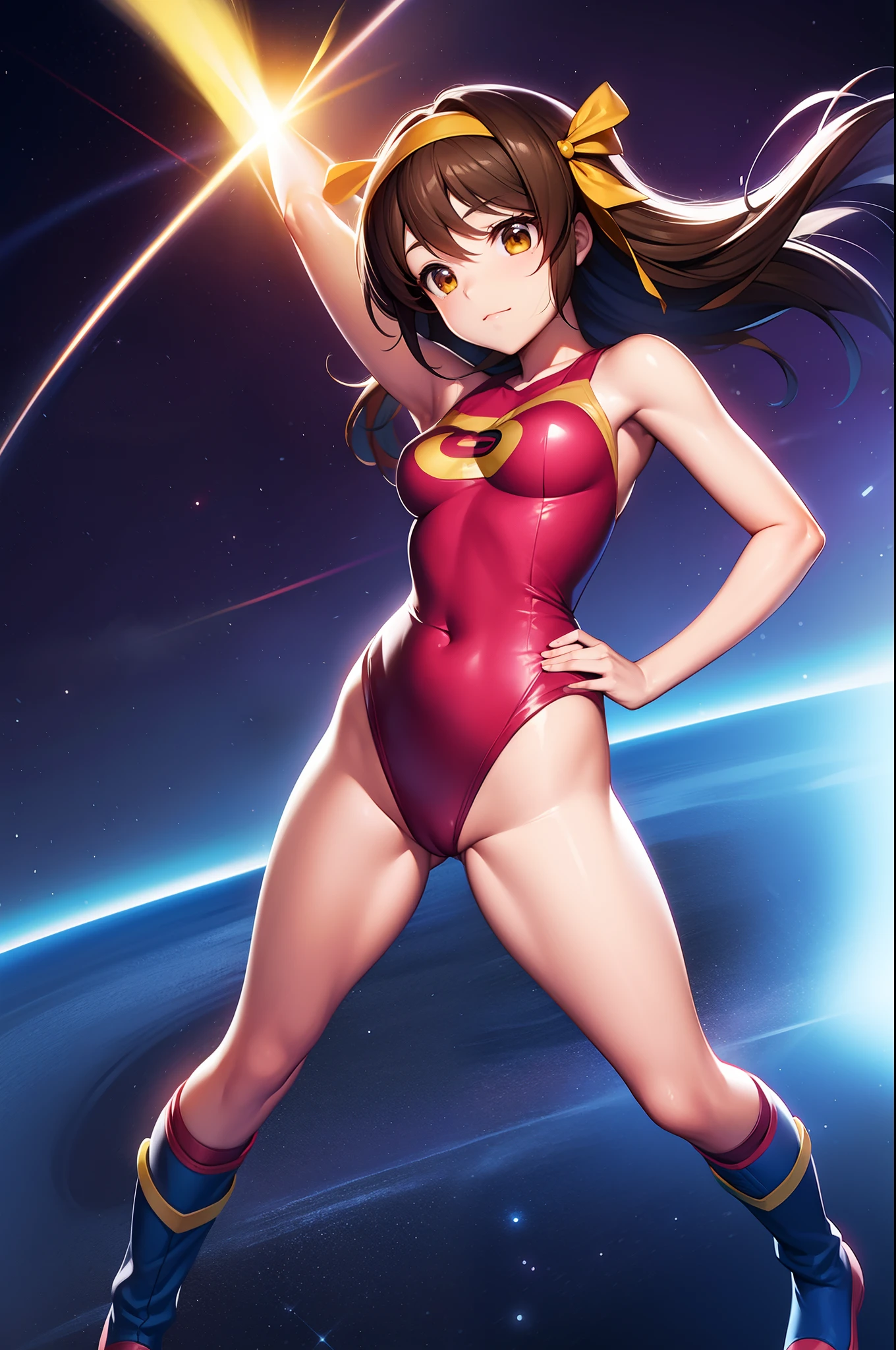 haruhi suzumiya, solo, superhero, leotard, bare legs, boots, standing, hands on hip, energy pulse, space backdrop
