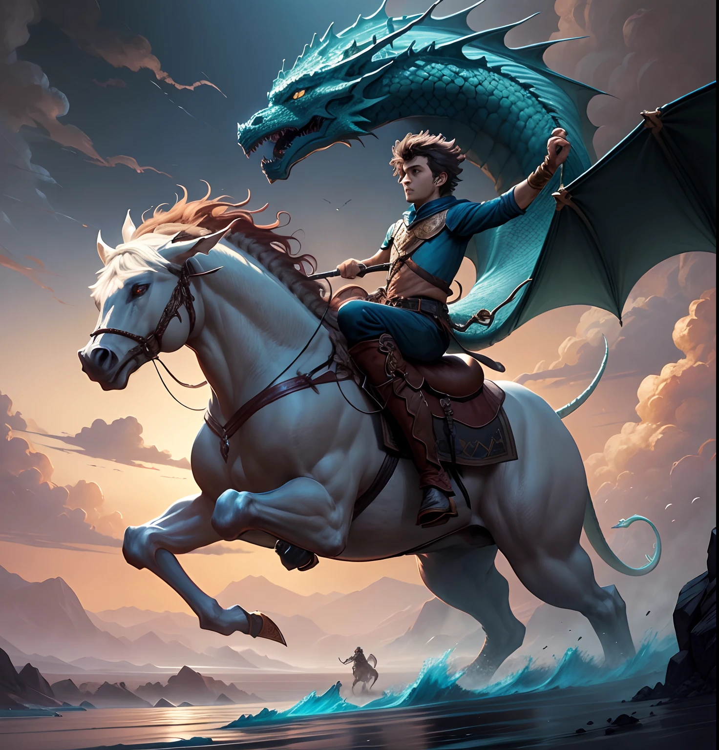 Portrait of a boy riding a dragon on horseback, Dragon Rider,evening, epic fantasy digital art style, Dragon Ride, epic fantasy art style, Epic Fantasy Illustration, digital painting greek mythology, Children's art in art, Rob Ray, epic fantasy style art, realistic fantasy illustration, by Yang J, by Alexander Kucharsky
