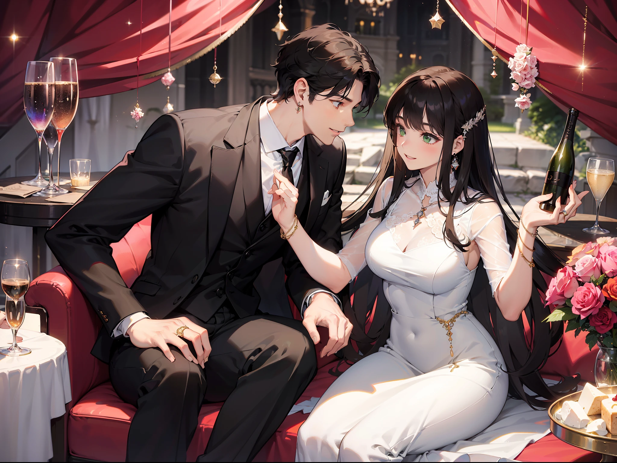 “(((best quality))),(((ultra detailed))),(((masterpiece))),illustration,1boy,1girl,brown hair,short hair,curly hair,black hair,long hair,straight hair,green eyes,sharp eyes,thin lips,sexy lips,wedding ring,happy,smiling,hugging,kissing,formal clothes,suit,dress,red tie,white shirt,black pants,black shoes,pink dress,silver necklace,earrings,bracelet,high heels,wedding hall,balloons,flowers,cake,champagne,guests,cheering,congratulations”