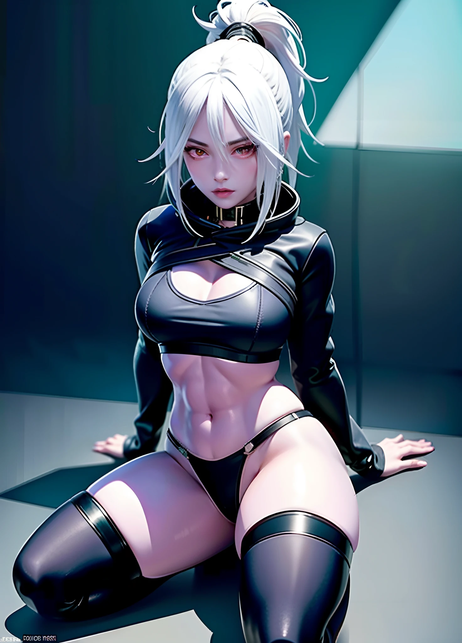 Close-up of a person with a very beautiful body and a very sexy body, cyberpunk anime girl, female cyberpunk anime girl, anime cyberpunk art, Digital cyberpunk anime art, cyberpunk anime art, cyberpunk anime girl in hoodie, - Anime art,pink tattoo,There is a tattoo on the stomach,Blue double ponytail,Sitting down,Flame it up,abdominals tattoo,Desire expression,squatt,kneeling down