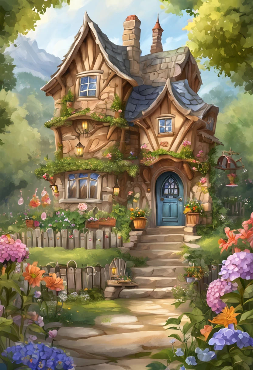 Close-up of the house with fairy tale doors and windows, flowery cottage, fantasy house, cottagecore，beatiful house, Cute detailed digital art, beautiful digital art, magical fairy background, detailed fantasy digital art, Very Beautiful Digital Art,  cottage in the forest, beautiful render of a fairytale, Beautiful fantasy painting，Background bokeh，The depth of field is full。HDR high dynamic range technology，Make the picture more realistic，Attention to detail（8K，best qualtiy，tmasterpiece：1.2）