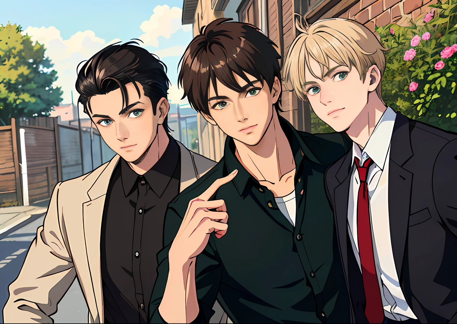 (absurdres, highres, ultra detailed), masterpiece, best quality, 3 man, handsome, black hair, brown hair, casual clothes, background is back alley, best light and shadow, trio friends, 1 black hair man ((sleek hair)), 1 brown hair man ((undercut hair)), 1 blond man ((stylish hair)), tall handsome man, hogwarts vibe, 3 friends, trio friends pose, charming men, (absurdres, highres, ultra detailed, HDR), masterpiece, best quality, anime, Anime cool ((Tall boy)) green eyes, 3rd boy blond hair ((Tall boy)) ((blond hair)) , 3 boys, smile, sunshine, garden, handsome, short hair, looking at viewer, detailed face, ( black shirt ),(red shirt) cool boys, cold male, 8K, Best Quality, Masterpiece, Ultra High Resolution, (Realism: 1.4), Original Photo, (Realistic Skin Texture: 1.3), (Film Grain: 1.3), (Selfie Angle), best friend,Friendship, Trio friends, tall boys, black hair, brown hair,blonde hair.