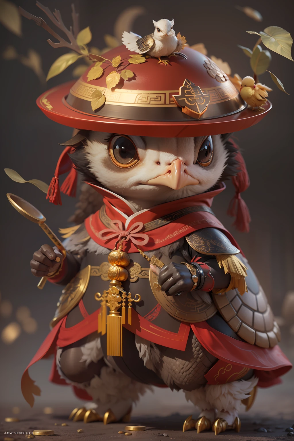 anthropomorphic turtle,Little cute cute chick,Wearing elegant red Hanfu,Take gold ingots,The ground is covered with gold coins,silkouette,fluffy mane,largeeyes,Red Wall,Chinese culture,zbrush,Dramatic lighting,full-body portraits,hentail realism,finedetail,photographrealistic,Film illumination,complexdetails,rendering by octane,unreal-engine,8K --ar 9:16 --testp --upbeta