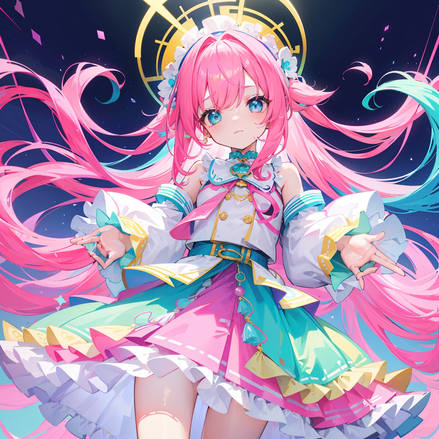 A multicolored light background,Long hair with a bright pink purple transparent gum texture,in pink、Matching blue and white clothes,Yellow and green ornaments with cyan accents,It is a very sweet and sweet loli girl