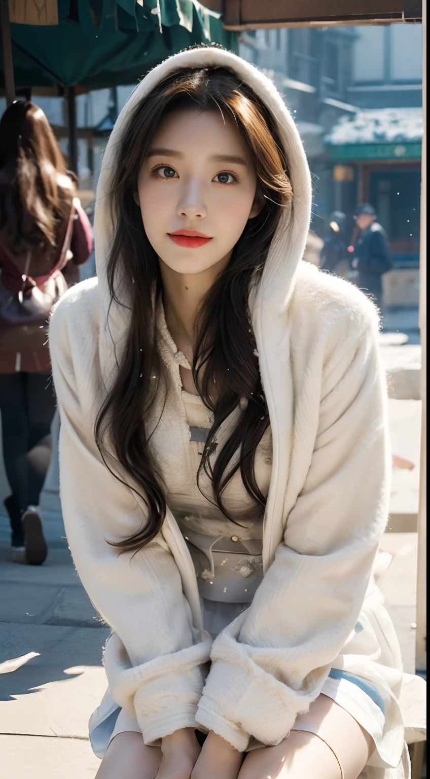 ((best qualtiy,tmasterpiece,超A high resolution)),(realisticlying:1.4),(Korean star poster-like),1girll,From head to knee,Dynamic posture,adult face,Slim,(ssmile),joy,Reflective eyes,(shiny skins),(contours,frontage),whaite hair,long whitr hair,黑The eye,Top fashion,((White plush hooded coat)),Beautiful costumes,(Lolita costume),(short skirt),(Real drifting snow:1.5,snow cover,Simple street),(Clear eyes),(Clear nose),(Clear lips),(Fair skin),(Ultra-realistic textile textures),cinmatic lighting,35mm,offcial art,Incredibly Ridiculous res,hugefilesize,