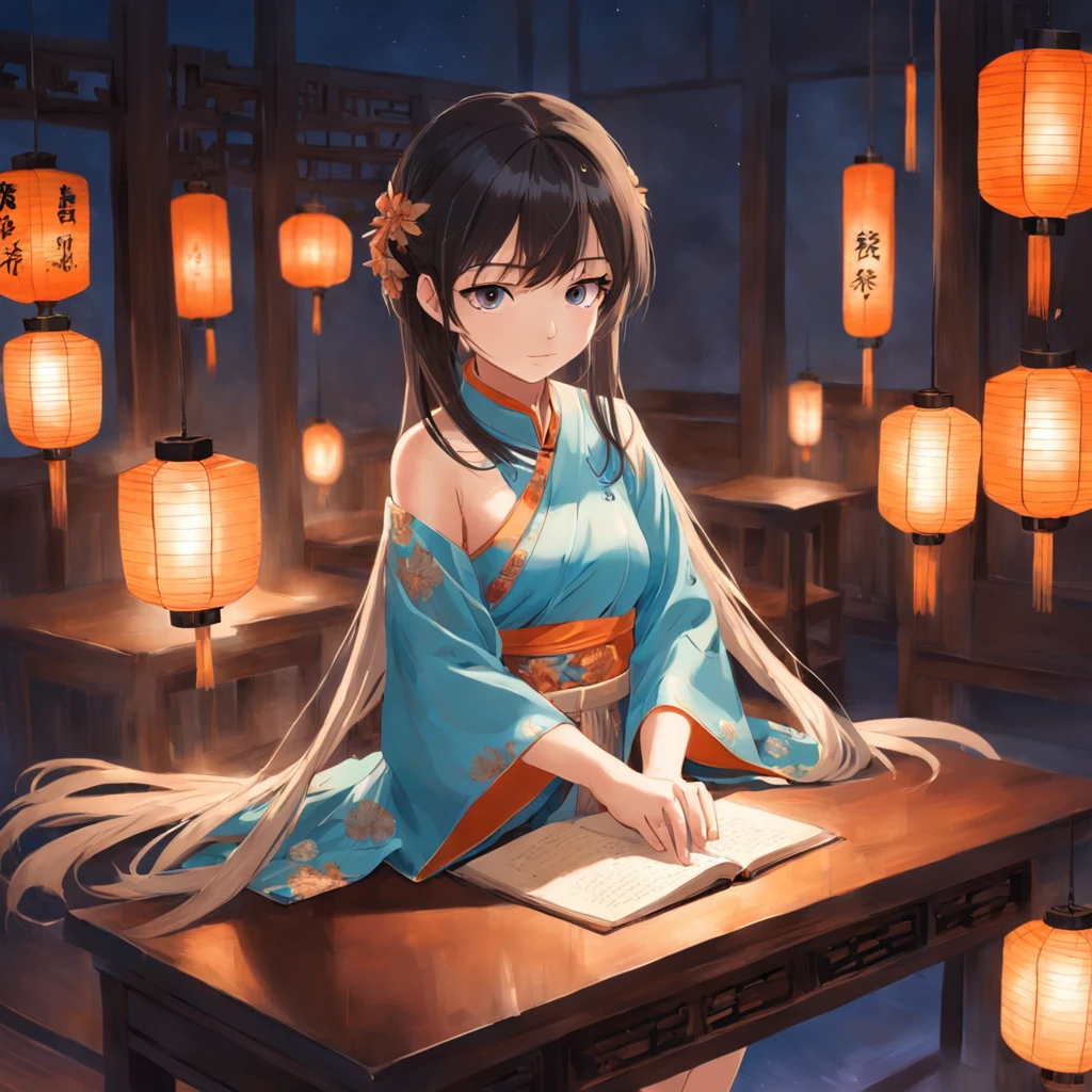 tmasterpiece,best qualtiy,A beautiful girl,Wearing a light blue cheongsam of the Republic of China(Student Clothing),night,Under the lamp(Orange light),she is sitting,She spread out her palms,There is a butterfly flying on the palm of the hand,There is a desk in front,There is a stack of books on the desk。There are two moths flying under the lamp。