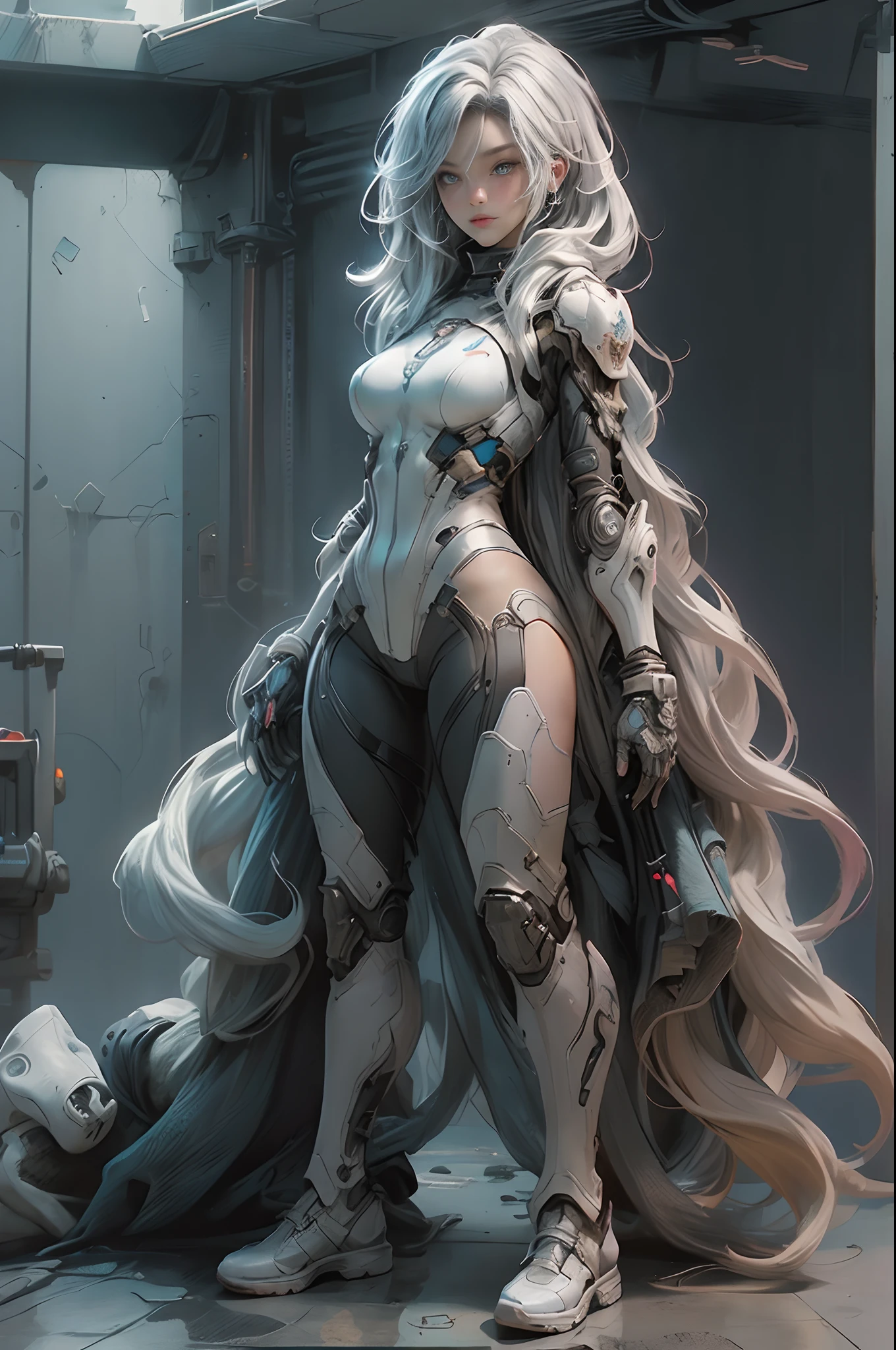 ((Best quality)), ((masterpiece)), (detailed:1.4), photograph of a beautiful cyberpunk female, (wearing smooth organic tech armor), (long shapeless hair), big breasts, ((full body shot)), dynamic pose, (Depth-of-field), Maximum clarity and sharpness, Octane Render, (Cinematic lighting),Wide aperture,Low ISO,White balance,Rule of thirds,8K RAW