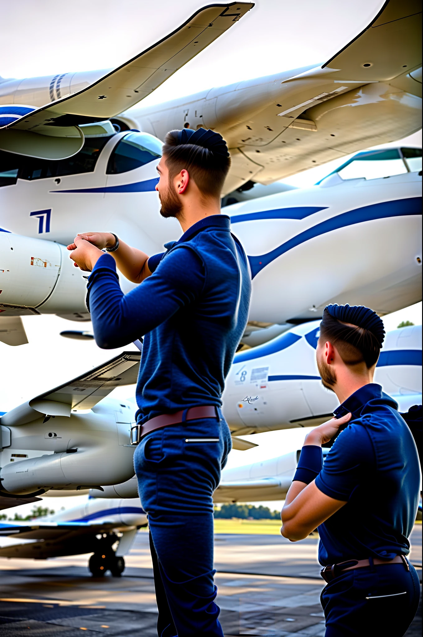 Young man in fighter cabin Many planes outside the plane