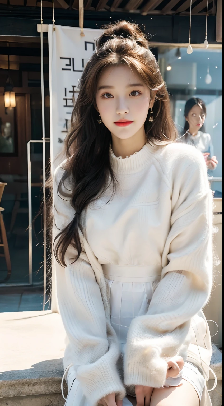 ((best qualtiy,tmasterpiece,超A high resolution)),(realisticlying:1.4),(Korean star poster-like),1girll,From head to knees,Dynamic posture,adult face,Slim,(ssmile),joy,Reflective eyes,(shiny skins),(contours,frontage),whaite hair,long whitr hair,黑The eye,Top fashion,((White plush coat)),Beautiful costumes,(ta costume),(short skirt),(Real drifting snow:1.5,snow cover,Simple street),(Clear eyes),(Clear nose),(Clear lips),(Fair skin),(Ultra-realistic textile textures),cinmatic lighting,35mm,offcial art,Incredibly Ridiculous res,hugefilesize,