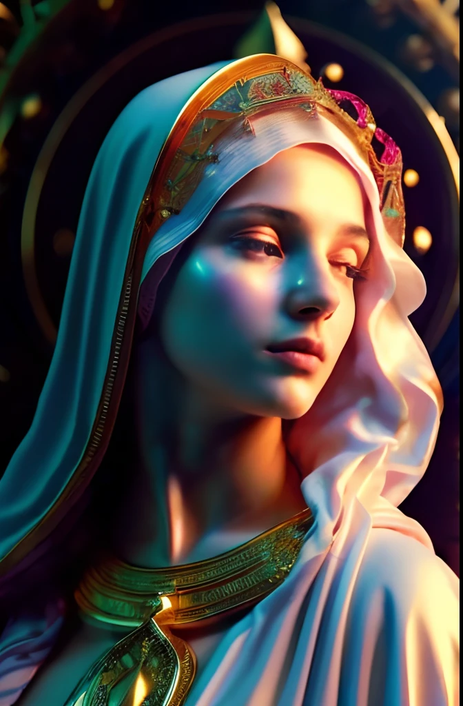 (((Blessed Virgin Mary. 19 years old))) ((( Con una cara seria y piadosa. Con una mirada dulce y tierna))) (obra maestra, calidad superior, mejor calidad, arte oficial, beautiful and aesthetic: 1.2), (1girl), extremadamente detallado, (Arte fractal: 1.3), colorido, highest detailed, Cara perfecta, parte superior del cuerpo, HDR, (orando: 1.3), (golden lines of white coat: 1.2), galaxia, (rayas de luz), eye-catching visuals, (dynamic stripes, senderos luminosos: 1.2), colores vibrantes,