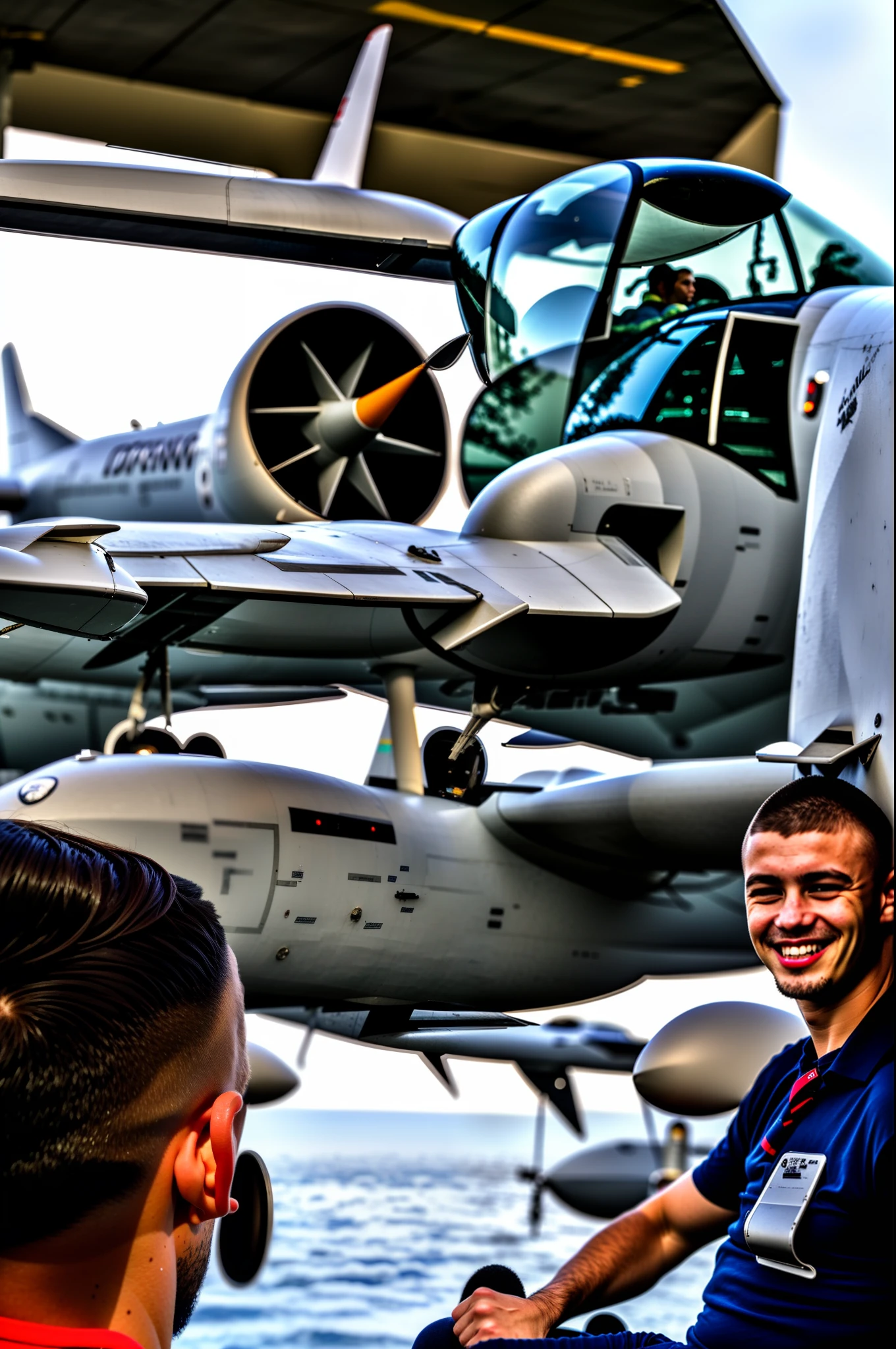 Young man in fighter cabin Many planes outside the plane