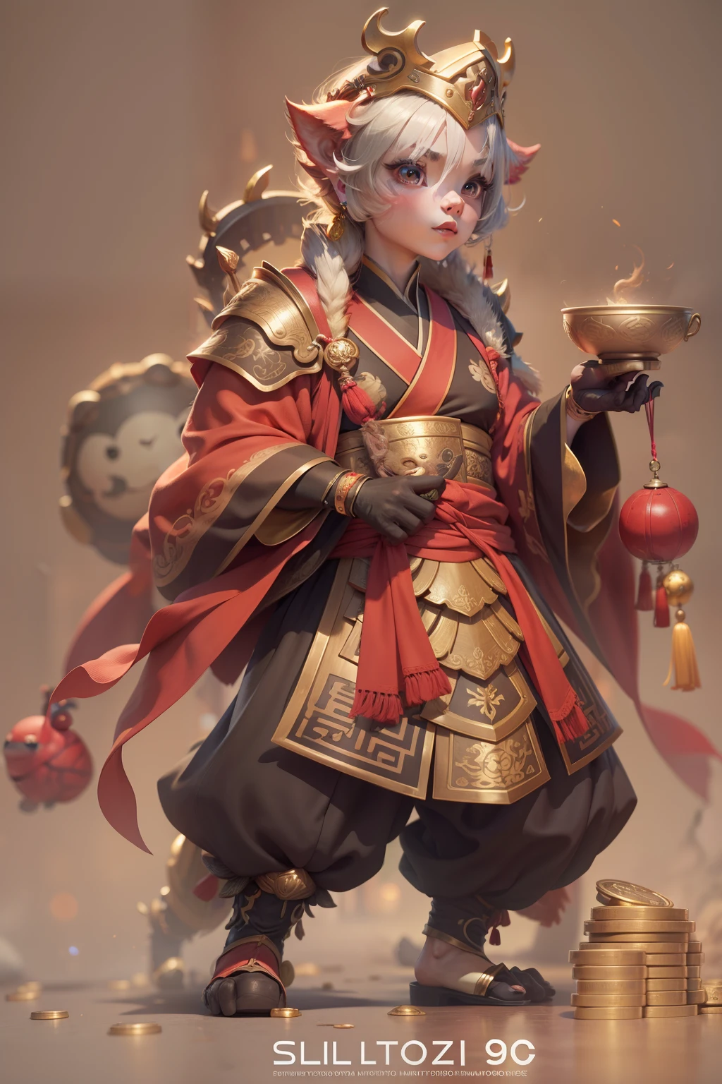 anthropomorphic turtle，Little cute cute little monkey，Wearing elegant red Hanfu，Take gold ingots，The ground is covered with gold coins，silkouette，fluffy mane，largeeyes，Red Wall，Chinese culture，zbrush，Dramatic lighting，full-body portraits，hentail realism，finedetail，photographrealistic，Film illumination，complexdetails，rendering by octane，unreal-engine，8K --ar 9：16 --testp --upbeta