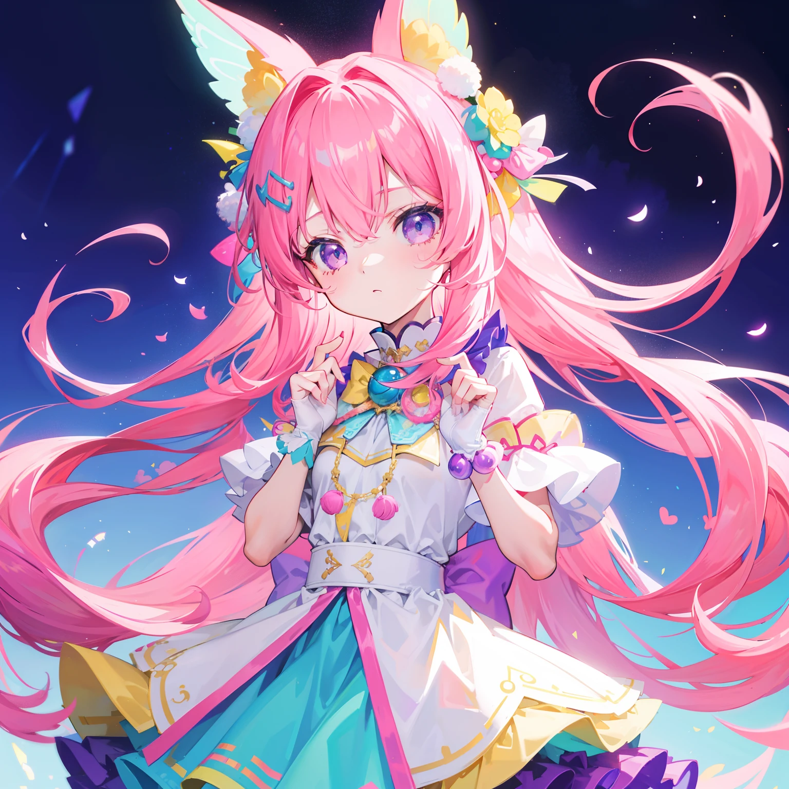 Colorful light background,long whitr hair,Has a bright pink-purple transparent gum texture,In pink、Wear it with blue and white clothes,Yellow and green ornaments with cyan accents,This is a very sweet and sweet li girl