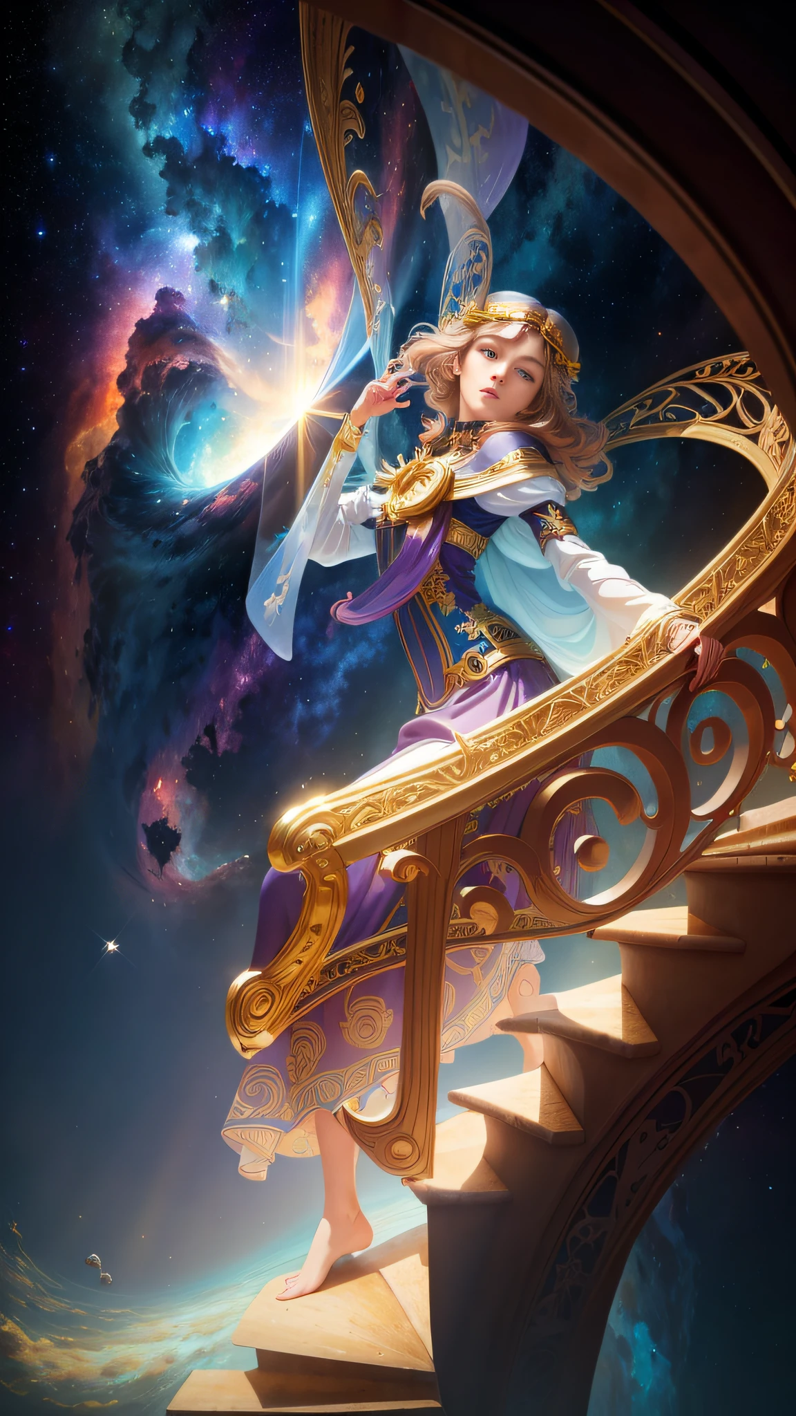 ((best quality)), ((masterpiece)), Wonderful, Beautiful, Shiny, Glory of God, Super Detailed, a stairway leading to the sky with clouds and sun , (detailed), oil painting, (nebula under the sea:1.3), (galactic:1.2), celestial, ocean, (incredibly detailed:1.1), (complex details:1.2), (Studio Ghibli influence:1.1), mosaic, (photorealistic:1.2), volumetric lighting, (ray tracing:1.1), well lit, (octane render:1.1), (Art Nouveau style:1.2), Raw, Ultra Quality, A Stairway to Heaven, Inside a Tunnel of Light, in the background with a bright light coming from the top, Andries Stock, sky, a picture, rayonism