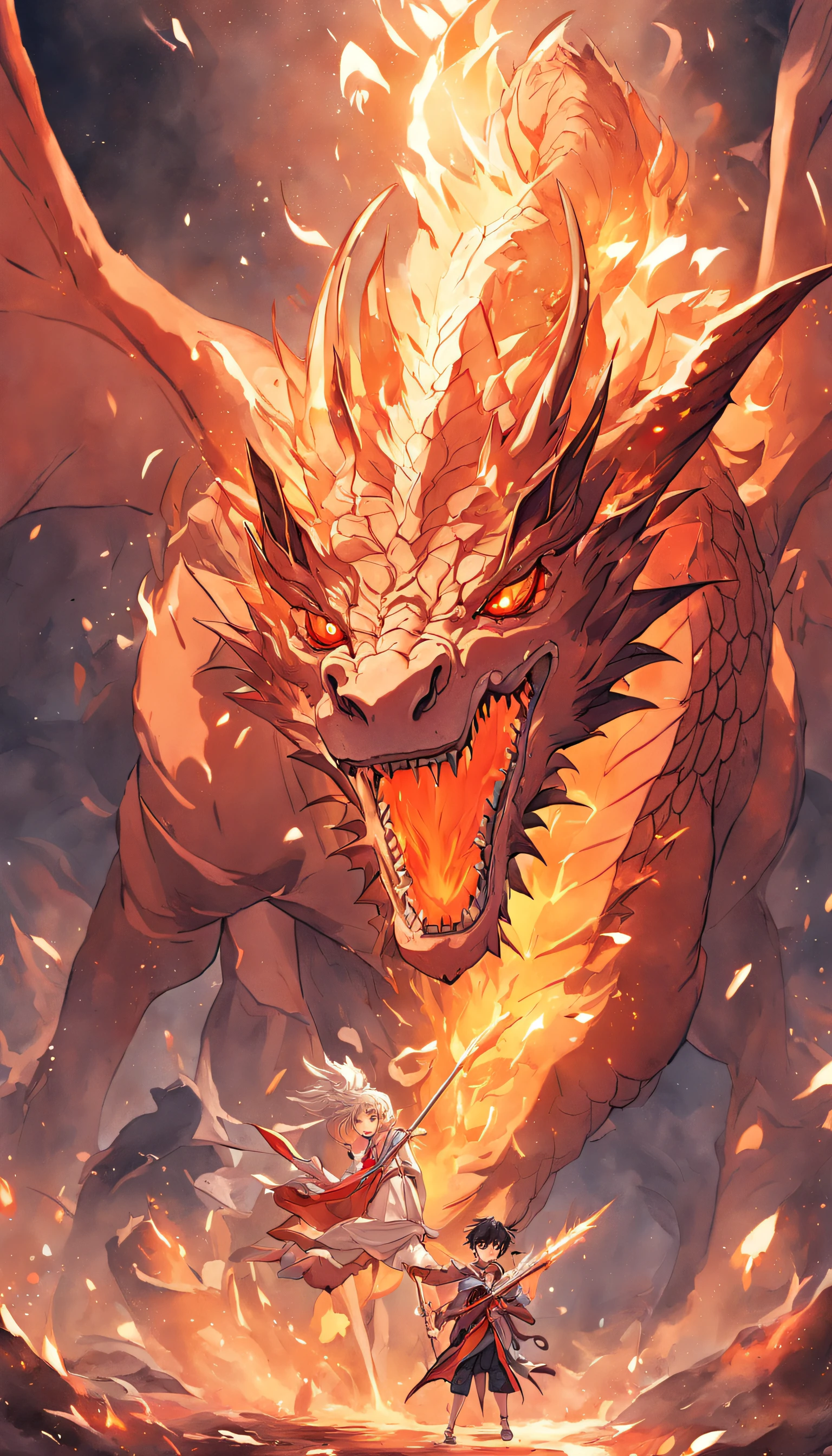 （Handsome boy riding a dragon），Holding a feather fan，Golden red fire dragon，ferocious，The flames burned，The air was filled with fire，Gunsmoke effect：1.5,Elongated dragon body，elevation，Faraway view，super detailing，best qualtiy，tmasterpiece，8K，Extremely detailed，Epic artwork，Wallpaper phone