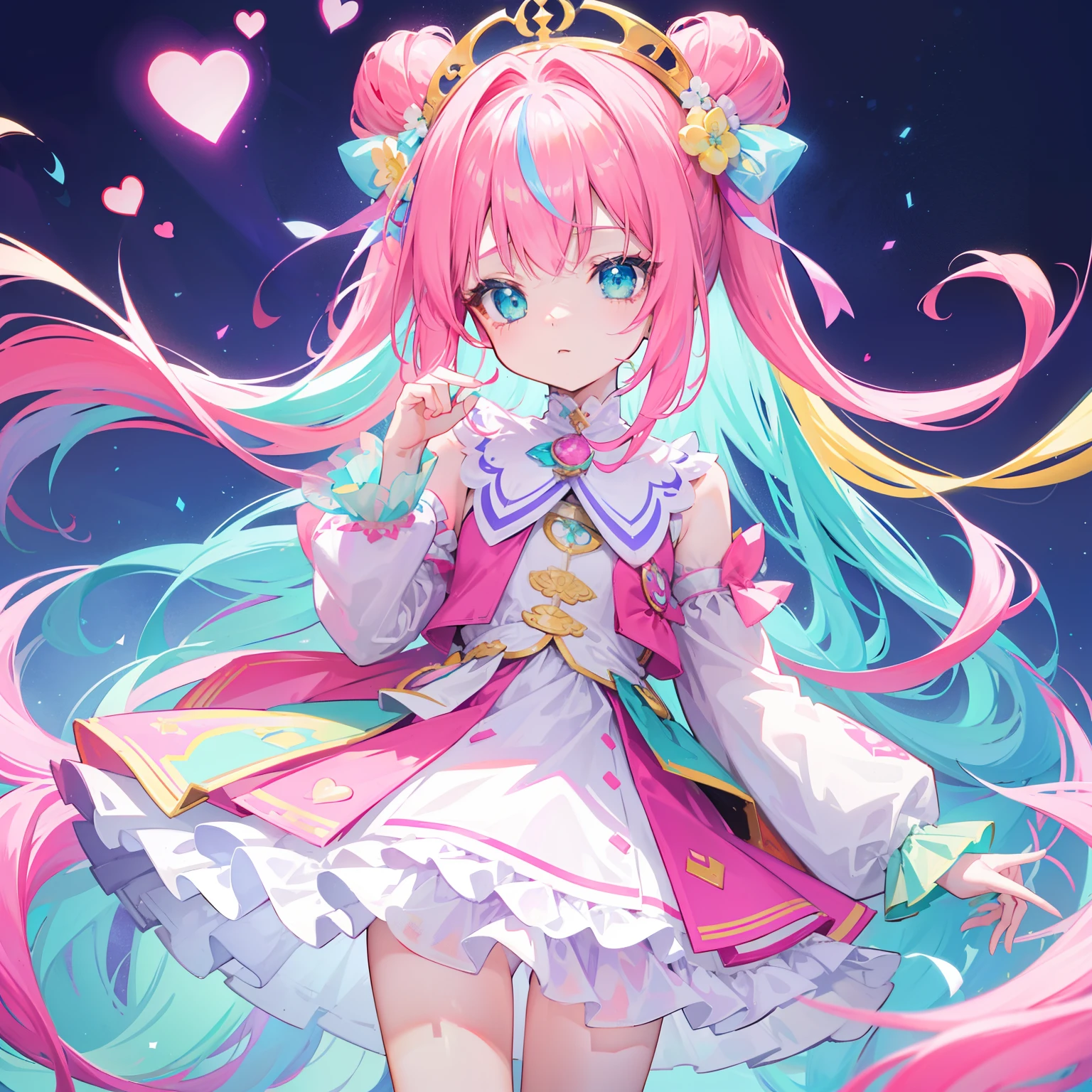 Colorful light background，long whitr hair，Has a bright pink-purple transparent gum texture，In pink、Wear it with blue and white clothes，Yellow and green ornaments with cyan accents，This is a very sweet and sweet loli girl