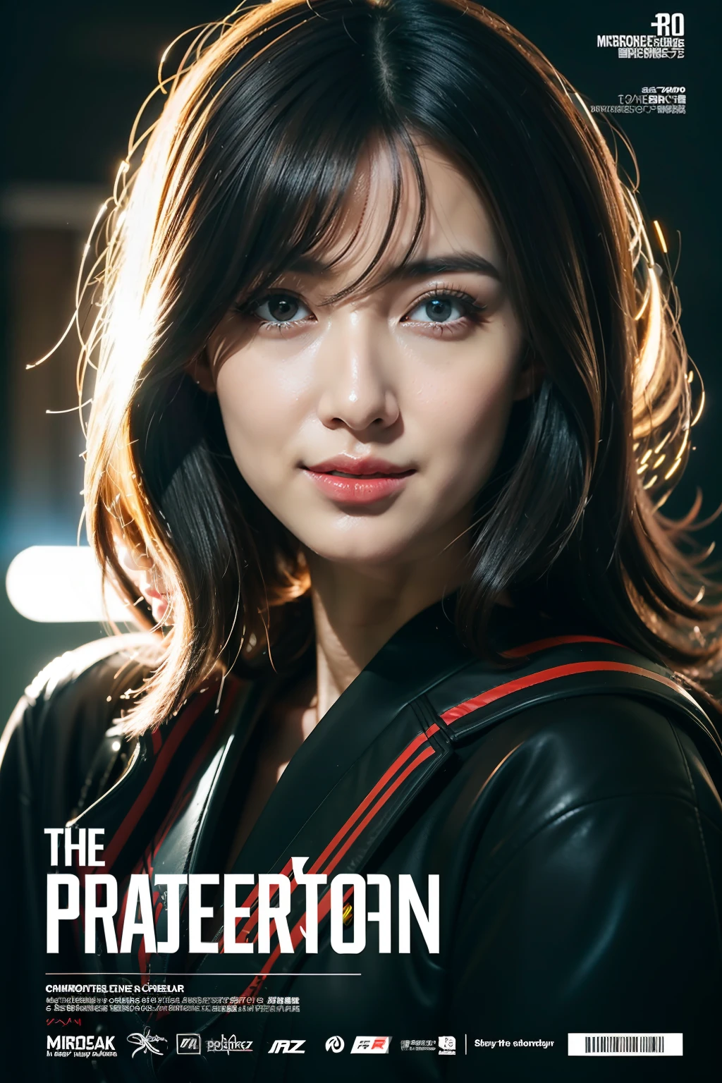 (8K分辨率,。.。.3D,offcial art,(MagazineCover:1.4),captures the attention,Oversized title font,Catchy,Title is large,More eye-catching,modern day),(1womanl,(Tever's facial features:1.8,The delicate face of),Jet-black slightly curly hair,(Fluffy and messy,light bangs, There are levels),((Robot prosthetics),(Body part robotic prosthesis),Light on the machine,Controller Mask,dynamicposes),perfect hand,Ultra-fine materials),(Cyberpunk woman and her mecha,Ruins of the City of War,scientific fiction,Exquisite environment details,MagazineCover:1.4),(invigorating,Confident smile,Rejoice),(Cover typography,profetional lighting,动态照明 ,Maximum clarity and sharpness, multi-layer texture, Albedo e mapas Speculares,Sharp Focus),((Strong color contrast,(Color is black,Blue color,red colored))),(golden section,Cover of a,low angle shot,depth of fields,perfectly proportions,Hasselblad Photo Grapp,tmasterpiece:1.3),(Vogue Cover,Cyberpunk Art,Cyberpunk Building,Art Platform),drooing eyes