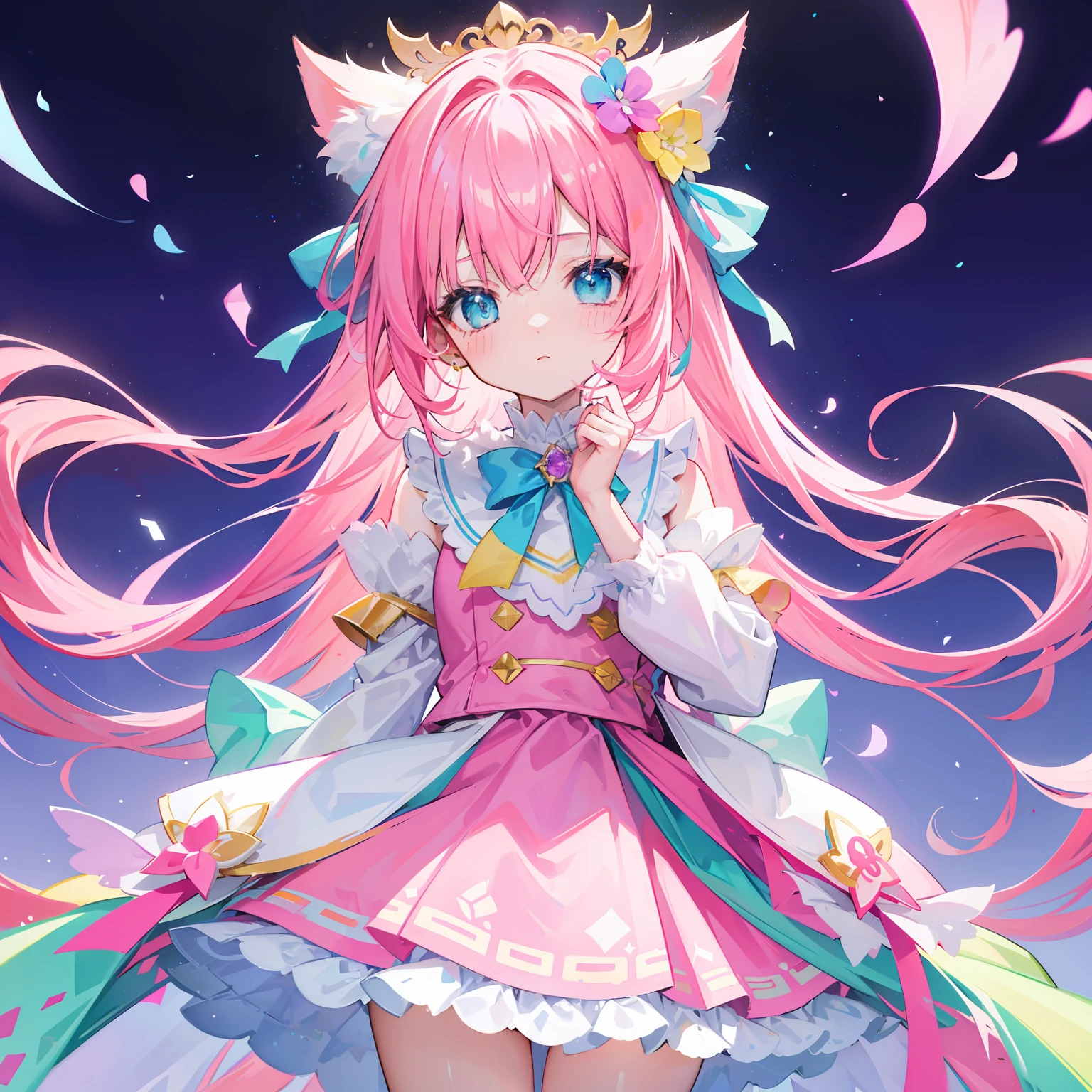 Colorful light background,long whitr hair,Has a bright pink-purple transparent gum texture,In pink、Wear it with blue and white clothes,Yellow and green ornaments with cyan accents,This is a very sweet and sweet li girl