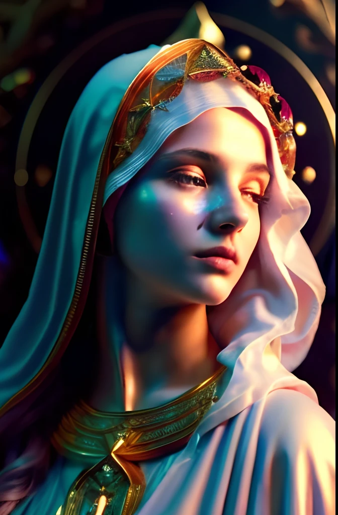 (((Blessed Virgin Mary. 19 years old))) ((( Con una cara seria y piadosa. Con una mirada dulce y tierna))) (obra maestra, calidad superior, mejor calidad, arte oficial, beautiful and aesthetic: 1.2), (1girl), extremadamente detallado, (Arte fractal: 1.3), colorido, highest detailed, Cara perfecta, parte superior del cuerpo, HDR, (orando: 1.3), (golden lines of white coat: 1.2), galaxia, (rayas de luz), eye-catching visuals, (dynamic stripes, senderos luminosos: 1.2), colores vibrantes,