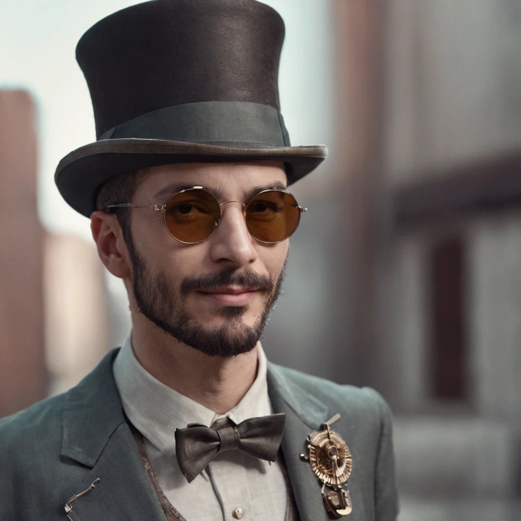 obra maestra, realista Handsome  Gentleman steampunk, apuesto Hombre de barba hipster, smiiling, Traje de lujo muy elegante, ellegant, Steampunk Sombrero decorado con gafas goggles,sombrero de copa, Arte digital 8K, Tatuado y musculoso, Hombre impresionante, industrial, Retro futurista, punk, machine, Retro, engranajes, Gafas futuristas, fantastic face, hermoso aspecto, cabello detallado, Ultra Enfoque, cara iluminada, Cara detallada, 8K resolution, acuarela, Estilo Razumov. arte de Razumov y Volegov, Hyperrealism Painting Concept Art of detailed character, 8 k resolution blade runner