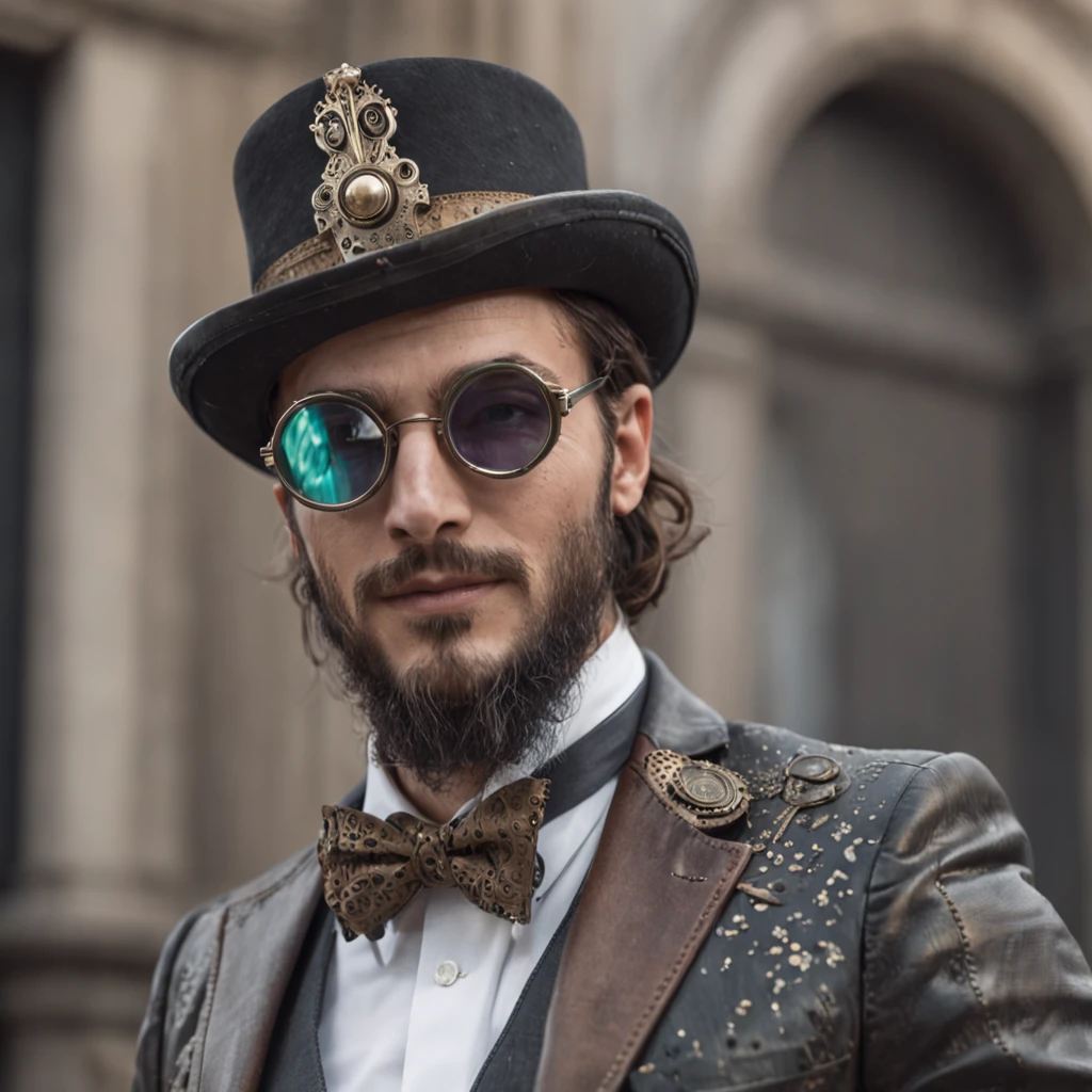 obra maestra, realista Handsome Gentleman steampunk, apuesto Hombre de barba hipster, smiiling, Traje de lujo muy elegante, ellegant, Steampunk Sombrero decorado con gafas goggles,sombrero de copa, Arte digital 8K, Tatuado y musculoso, Hombre impresionante, industrial, Retro futurista, punk, machine, Retro, engranajes, Gafas futuristas, fantastic face, hermoso aspecto, cabello detallado, Ultra Enfoque, cara iluminada, Cara detallada, 8K resolution, acuarela, Estilo Razumov. arte de Razumov y Volegov, Hyperrealism Painting Concept Art of detailed character, 8 k resolution blade runner