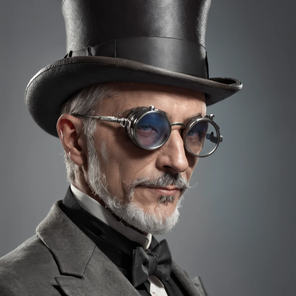 obra maestra, realista Handsome Gentleman steampunk, apuesto Hombre de barba hipster, smiiling, Traje de lujo muy elegante, ellegant, Steampunk Sombrero decorado con gafas goggles,sombrero de copa, Arte digital 8K, Tatuado y musculoso, Hombre impresionante, industrial, Retro futurista, punk, machine, Retro, engranajes, Gafas futuristas, fantastic face, hermoso aspecto, cabello detallado, Ultra Enfoque, cara iluminada, Cara detallada, 8K resolution, acuarela, Estilo Razumov. arte de Razumov y Volegov, Hyperrealism Painting Concept Art of detailed character, 8 k resolution blade runner