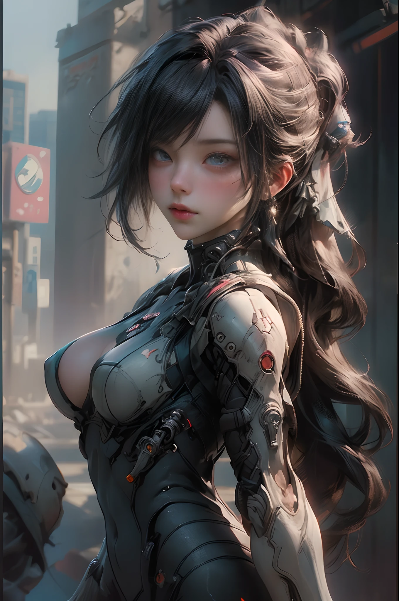 ((Best quality)), ((masterpiece)), (detailed:1.4), photograph of a beautiful cyberpunk female, (wearing smooth organic tech armor), (long shapeless hair), big breasts, ((portrait)), (Depth-of-field), Maximum clarity and sharpness, Octane Render, (Cinematic lighting),Rule of thirds,8K RAW