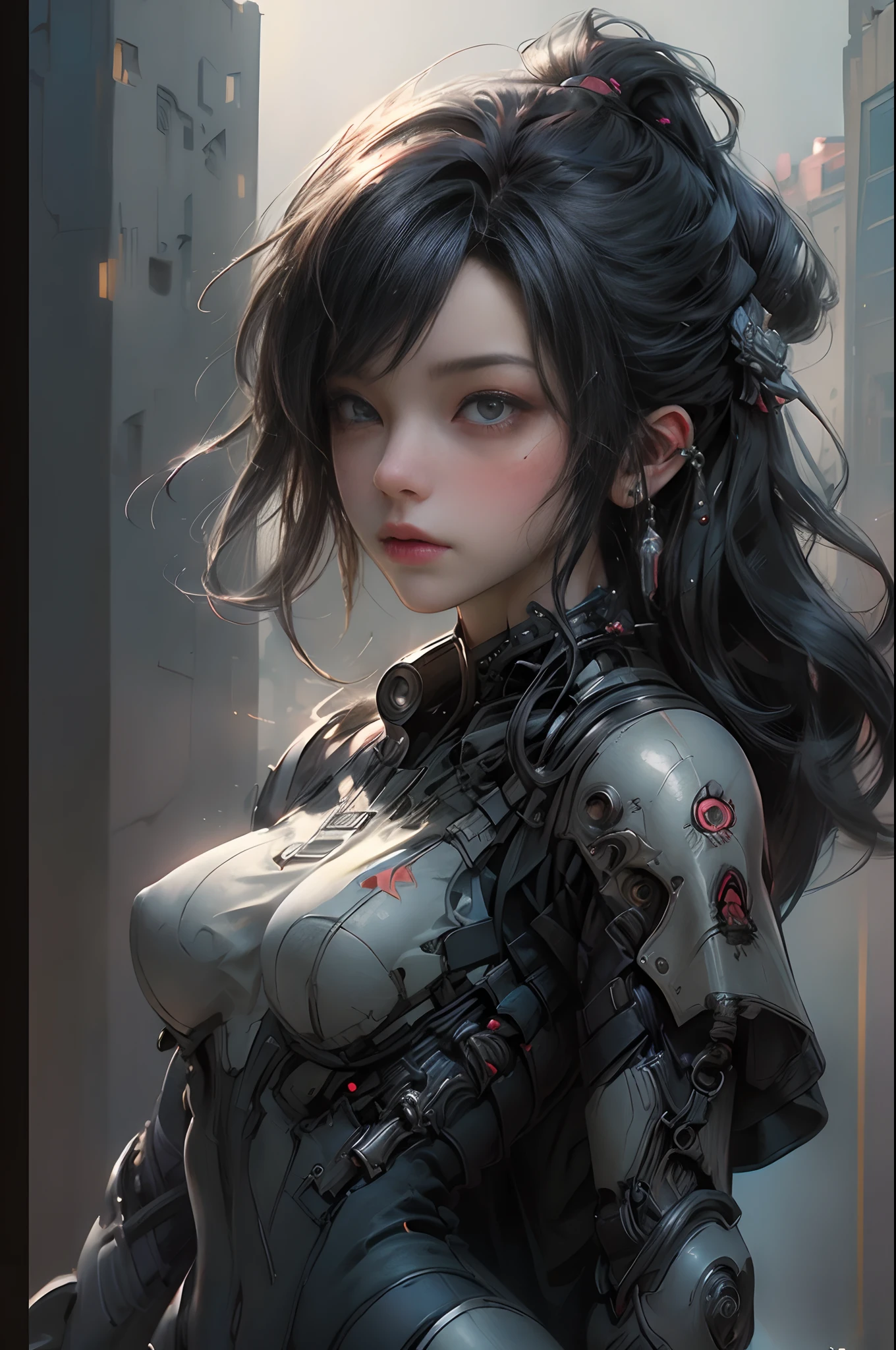 ((Best quality)), ((masterpiece)), (detailed:1.4), photograph of a beautiful cyberpunk female, (wearing smooth organic tech armor), (long shapeless hair), big breasts, ((portrait)), (Depth-of-field), Maximum clarity and sharpness, Octane Render, (Cinematic lighting),Rule of thirds,8K RAW