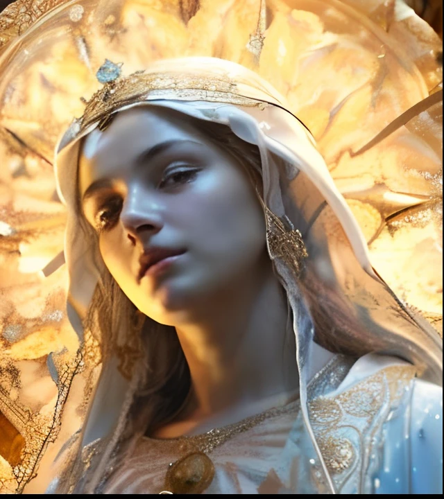 (((Blessed Virgin Mary. 19 years old))) ((( Con una cara seria y piadosa. Con una mirada dulce y tierna))) (obra maestra, calidad superior, mejor calidad, arte oficial, beautiful and aesthetic: 1.2), (1girl), extremadamente detallado, (Arte fractal: 1.3), colorido, highest detailed, Cara perfecta, parte superior del cuerpo, HDR, (orando: 1.3), (golden lines of white coat: 1.2), galaxia, (rayas de luz), eye-catching visuals, (dynamic stripes, senderos luminosos: 1.2), colores vibrantes,