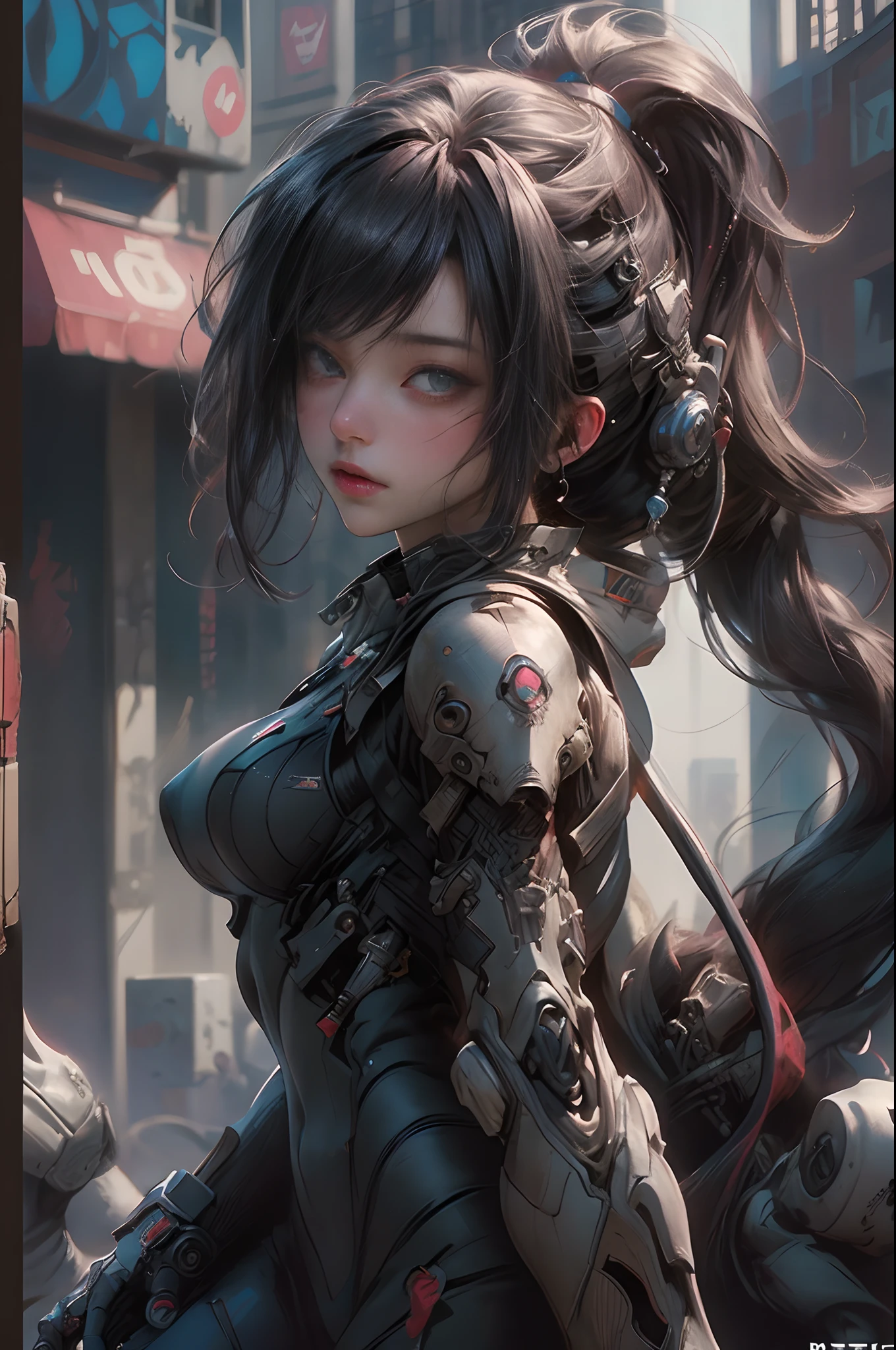 ((Best quality)), ((masterpiece)), (detailed:1.4), photograph of a beautiful cyberpunk female, (wearing smooth organic tech armor), (long shapeless hair), big breasts, ((portrait)), (Depth-of-field), Maximum clarity and sharpness, Octane Render, (Cinematic lighting),Rule of thirds,8K RAW