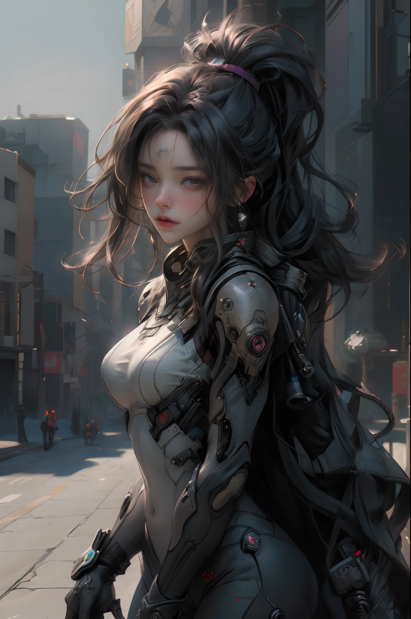 ((Best quality)), ((masterpiece)), (detailed:1.4), photograph of a beautiful cyberpunk female, (wearing smooth organic tech armor), (long shapeless hair), big breasts, ((portrait)), (Depth-of-field), Maximum clarity and sharpness, Octane Render, (Cinematic lighting),Rule of thirds,8K RAW