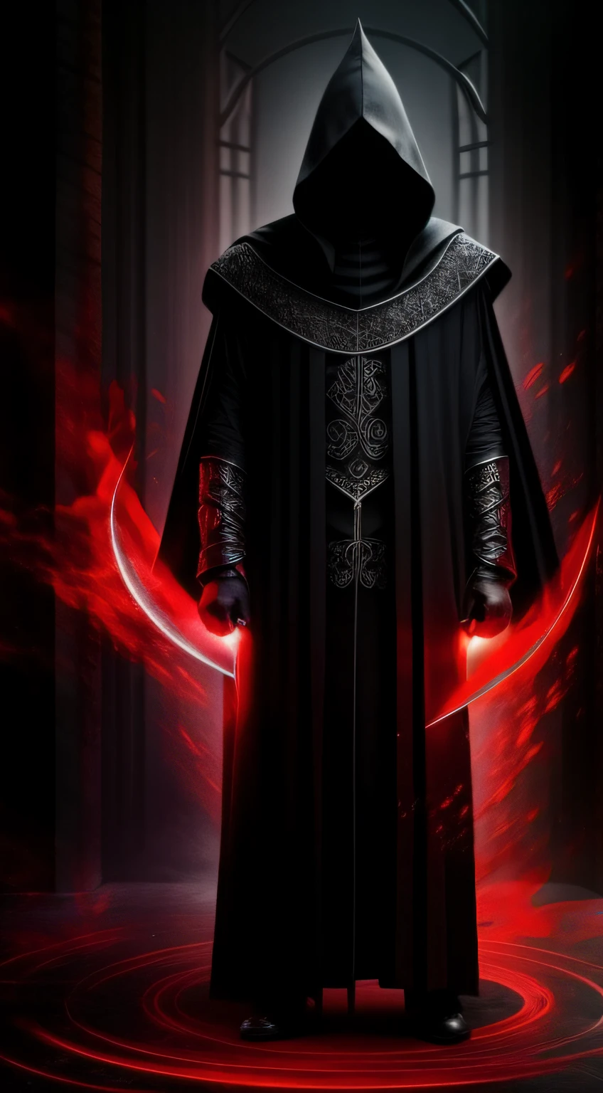 dark wizard, black and red clothes, covered face, dark magic.