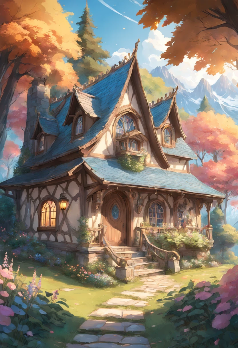 Close-up of the house with fairy tale doors and windows, flowery cottage, fantasy house, cottagecore,beatiful house, Cute detailed digital art, beautiful digital art, magical fairy background, detailed fantasy digital art, Very Beautiful Digital Art, cottage in the forest, beautiful render of a fairytale, Beautiful fantasy painting,Background bokeh,The depth of field is full。HDR high dynamic range technology,Make the picture more realistic,Attention to detail(8K,best qualtiy,tmasterpiece:1.2)