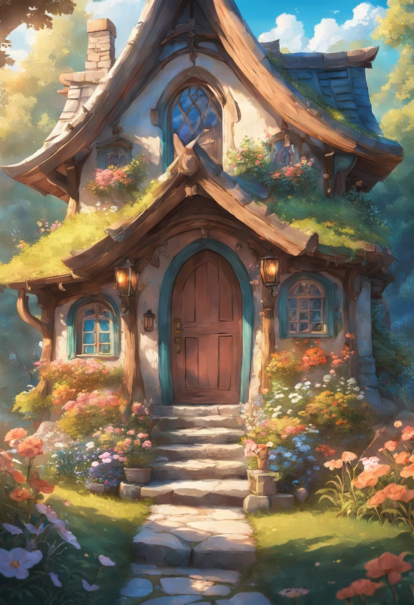 Close-up of the house with fairy tale doors and windows, flowery cottage, fantasy house, cottagecore,beatiful house, Cute detailed digital art, beautiful digital art, magical fairy background, detailed fantasy digital art, Very Beautiful Digital Art, cottage in the forest, beautiful render of a fairytale, Beautiful fantasy painting,Background bokeh,The depth of field is full。HDR high dynamic range technology,Make the picture more realistic,Attention to detail(8K,best qualtiy,tmasterpiece:1.2)