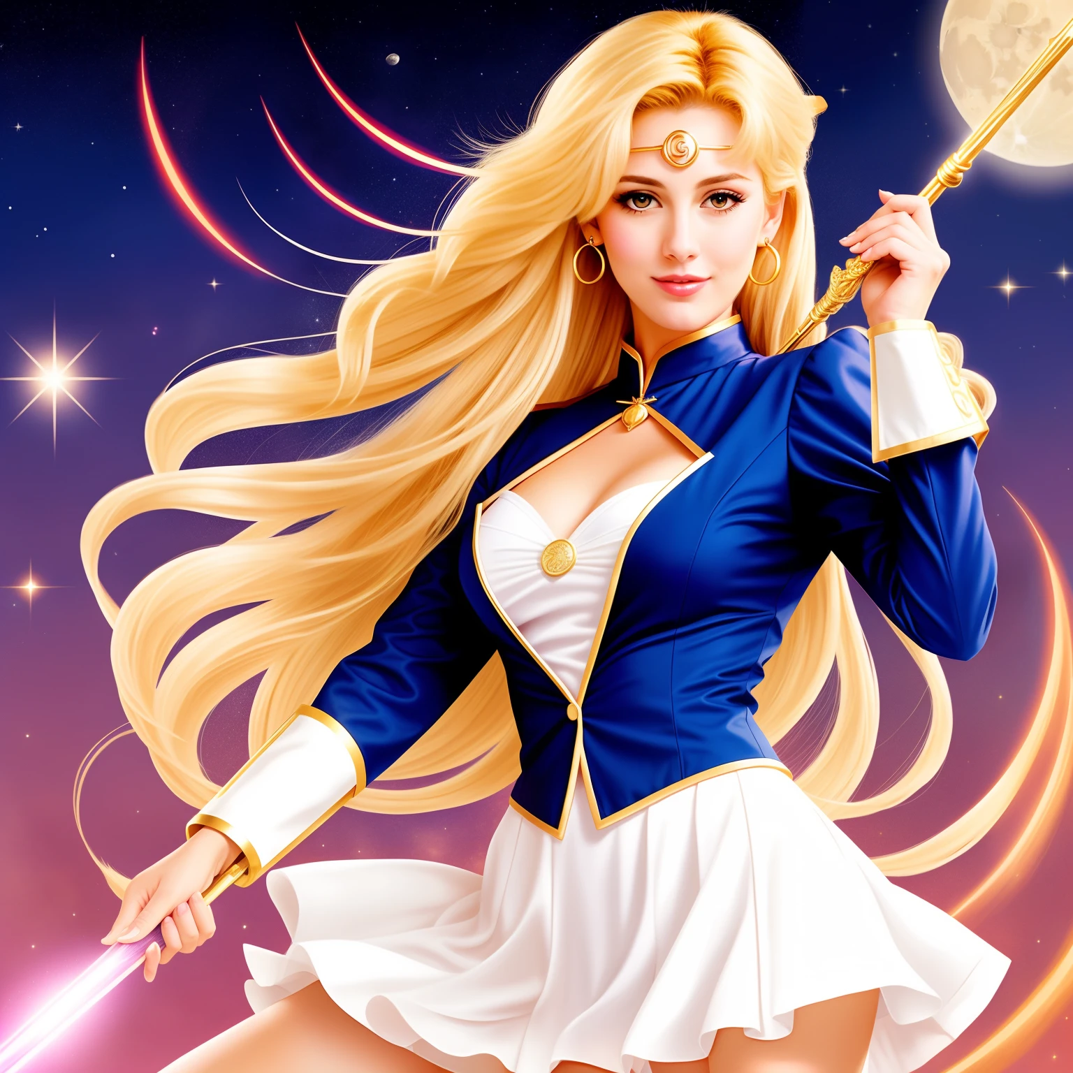 "(Mature and realistic depiction:1.2) Sailor Moon confidently wielding the Moon wand, her flowing blonde hair, dressed in trendy 2000s fashion."