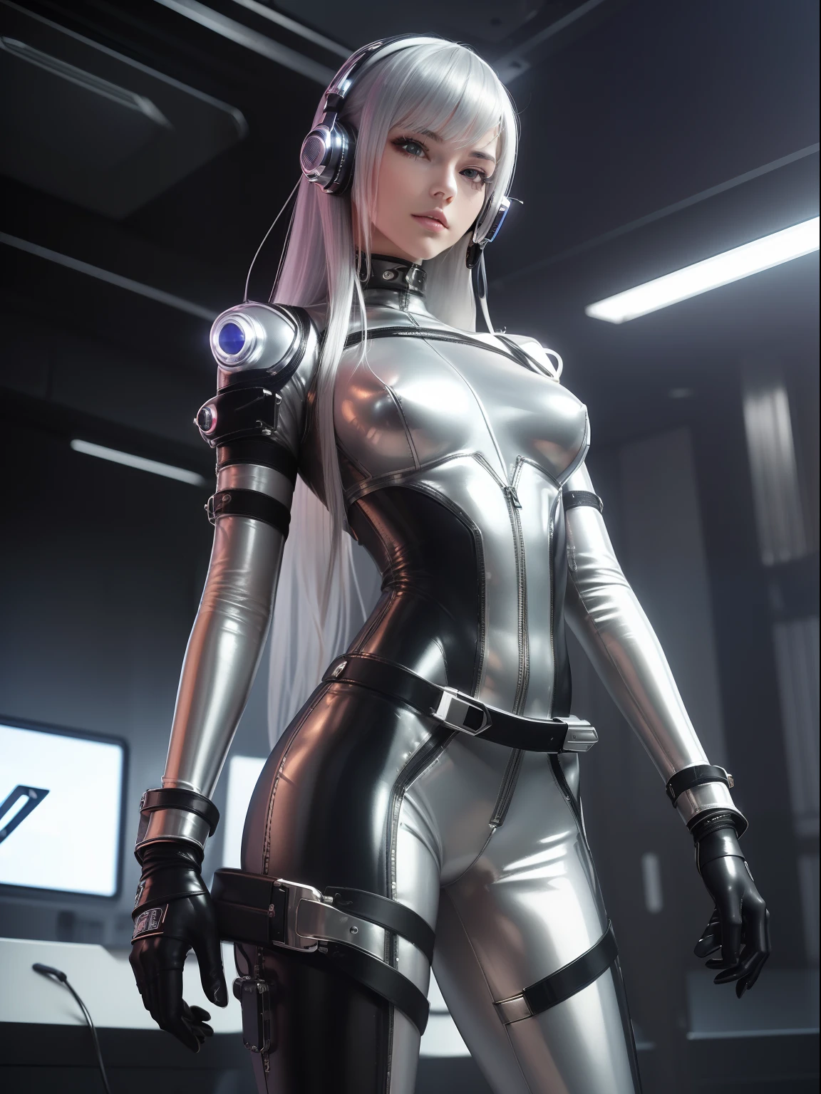18year old, ((top-quality)), ((​masterpiece)), (high-detail:1.3), Beautiful fece (cyberpunked:1.3), (((Stylish woman in silver bondage rubber suit))), (Headset with microphone), Silver zipper, large full breasts, Slim waist, big butts, (North American beauty), ((Belt under the waist)), superfine illustration, Silver Hair, With bangs, shiny, (ssmile),