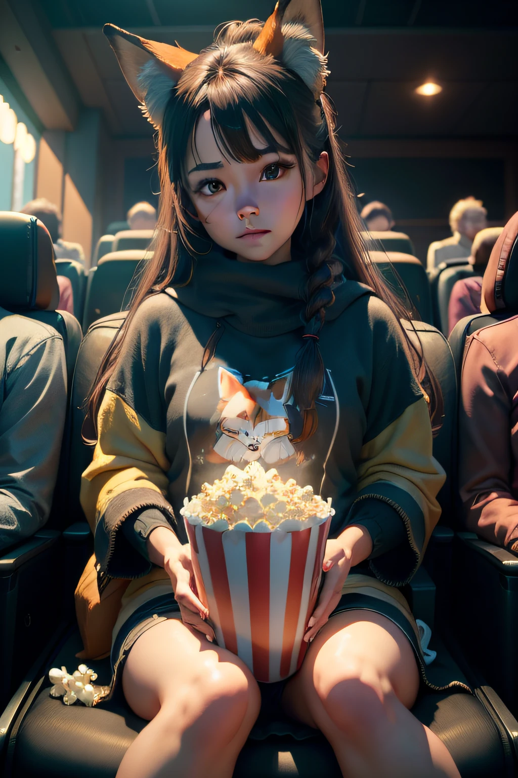 Cute small humanoid Fox woman sitting in a movie theater eating popcorn watching a movie, unreal engine, cozy indoor lighting, artstation, detailed, digital painting, cinematic, character design by hayao miyazaki, unreal 5, hyper realistic, octane renderer, volumetric light, arnold renderer