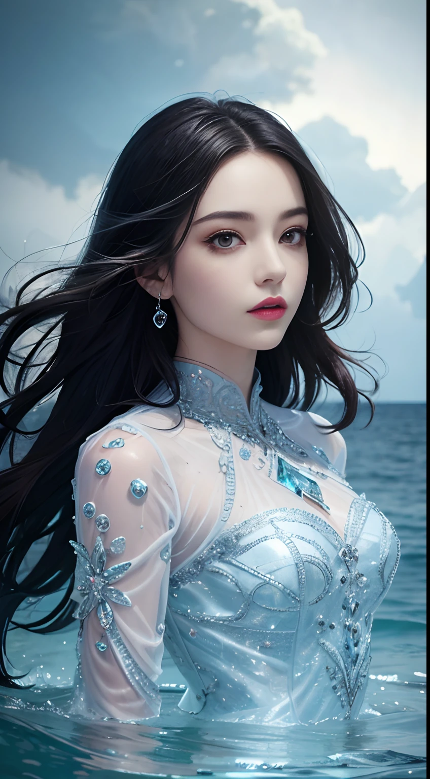 tmasterpiece，top-quality，optimum，offcial art，Beautiful and aesthetic，Long exposure：1.2），Smooth movement，Charming Patterns， 1 rapariga，Adult Russian woman，freckle，jade Eyes，Black lob hair， sportrait，独奏，The upper part of the body，Gaze the observer，detailedbackground，Detailed face，(crystallineAI, crystalline theme:1.1)，Elemental Water Elves，Swirl water，Control the water，Fantasy magician's clothes，dynamicposes，particles floating，Ethereal power，Eau，vaporous，the ocean in the background，blue tint，shores，Ethereal atmosphere，