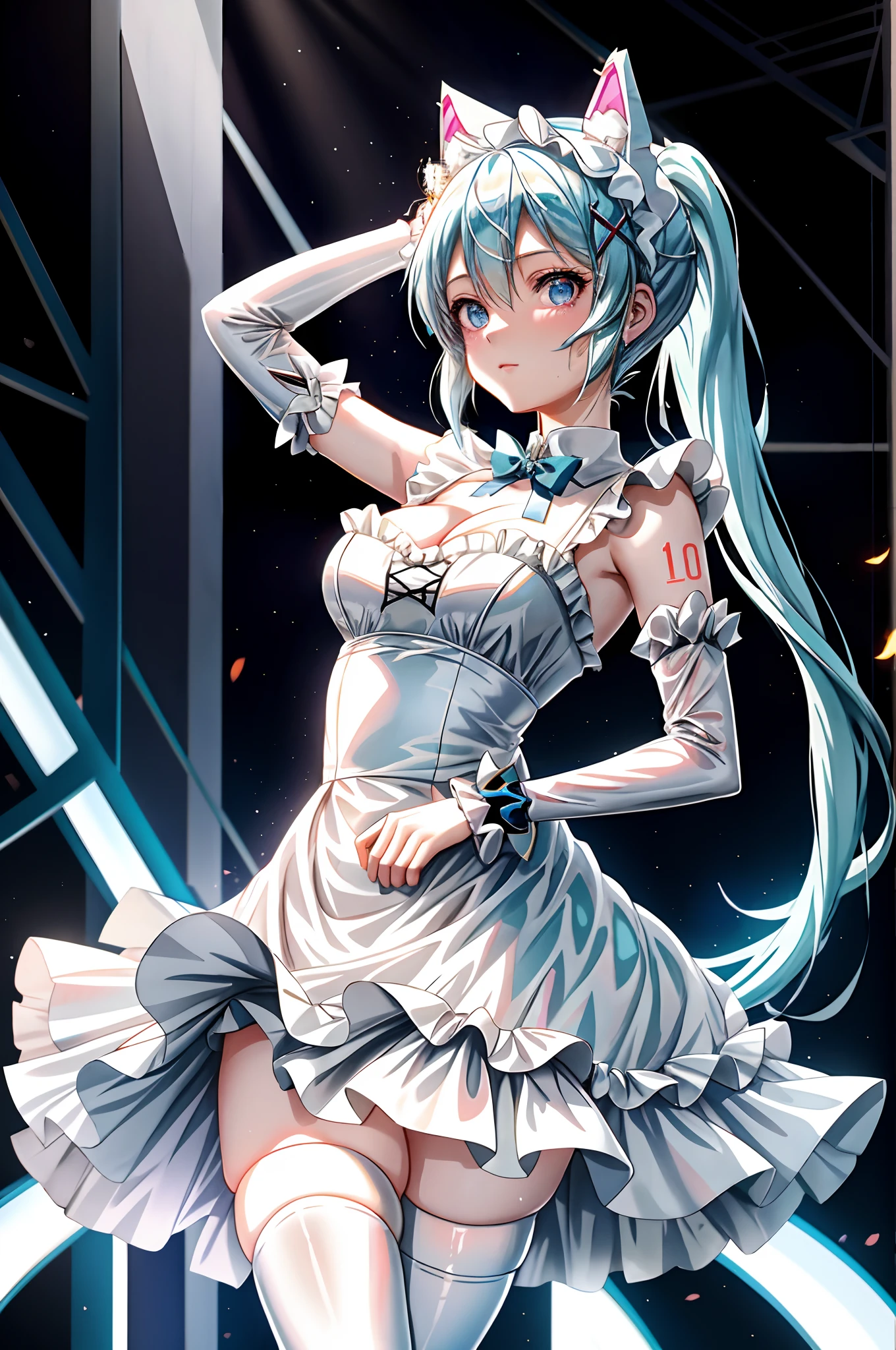 There is a woman in a white dress and blue hair posing, Rem Rezero, Rei Ayanami, ayanami, Hatsune Miku cosplay, Anime girl cosplay, Anime cosplay, mikudayo, cosplay foto, cheerfulness!!!, Also, 2 b, 2b, cosplay of a catboy! maid! dress, Loli, cosplay，，big breasts exposed cleavage，drenched all over the body，Flame it up，Raised sexy，Desire expression，Pubic hair shows through，Naked，Two ponytails