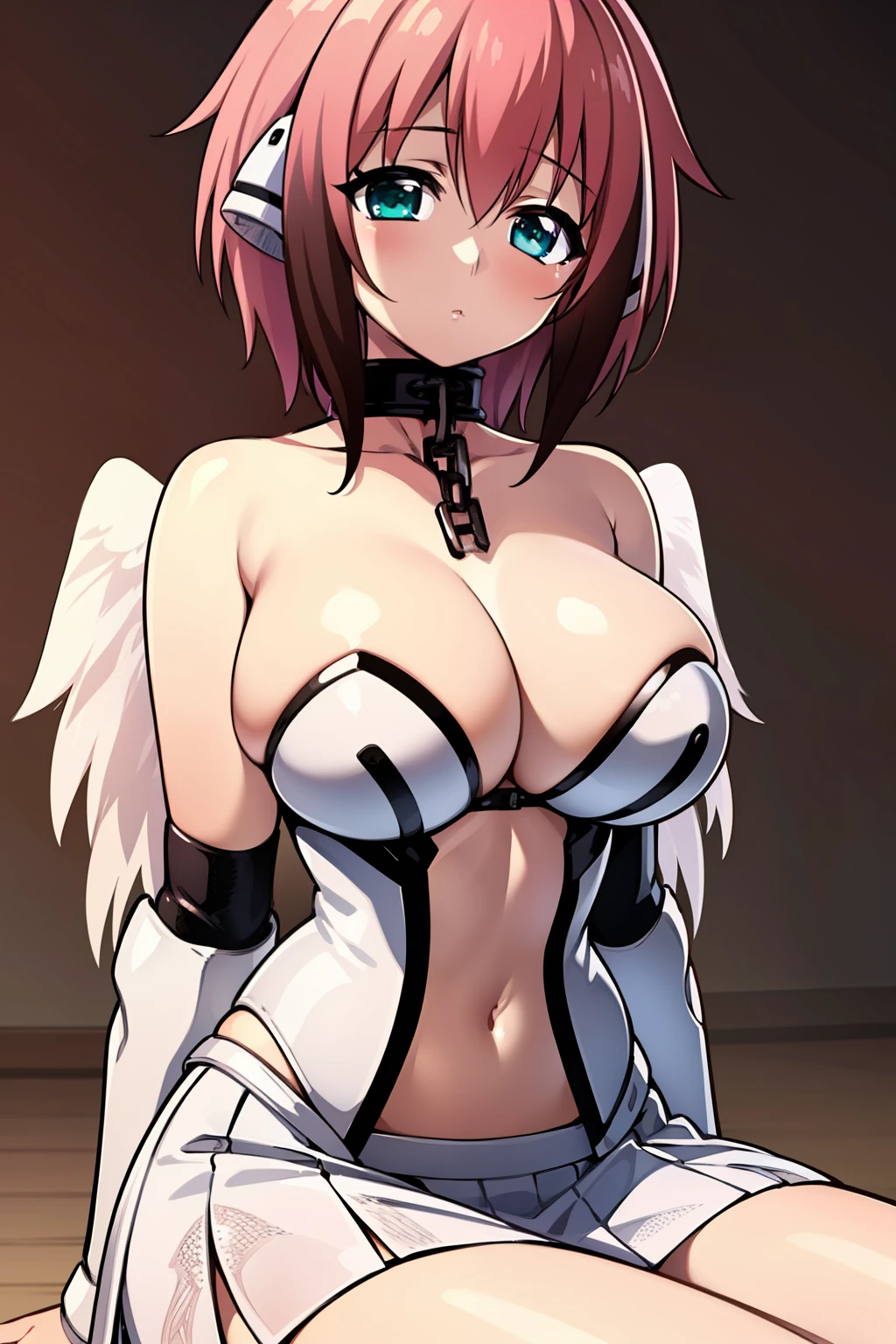(masterpiece, best quality, ultra-detailed), 1girl, Ikaros, pink hair, esmerald eyes, collar, white armor, white skirt, looking at viewer, sitting, sexy pose
