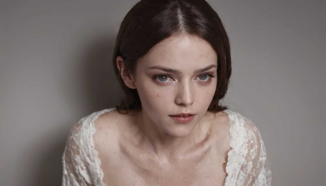 Stills from the 2050 movie ,in the darkness nigth, Damp basement, A woman in a suspender pliers,on the floor on all fours,White translucent tunic open,Exposed breasts,Wet all over。,Ultra-clear realistic 。--AR16:9 --V 5