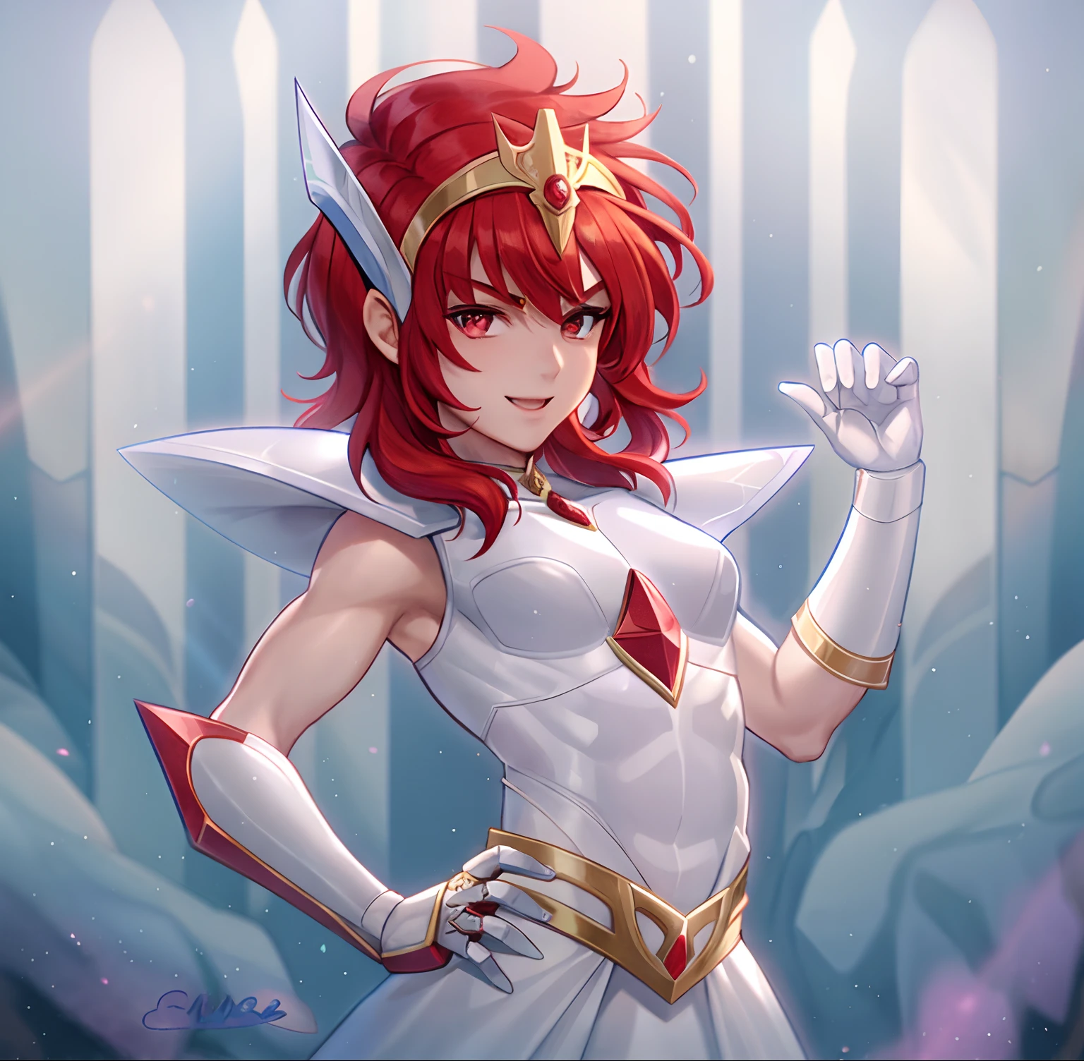 Anime boy in white dress with red hair and sword, Knight of Zodiac Boy, Portrait Knight of Zodiac Boy, Galactic Prince, drawn in the style of artgerm, Muscular men, Dress Armor Boy, In ruby armor, Commission for high resolution, detailed fan art, Prince of Ruby