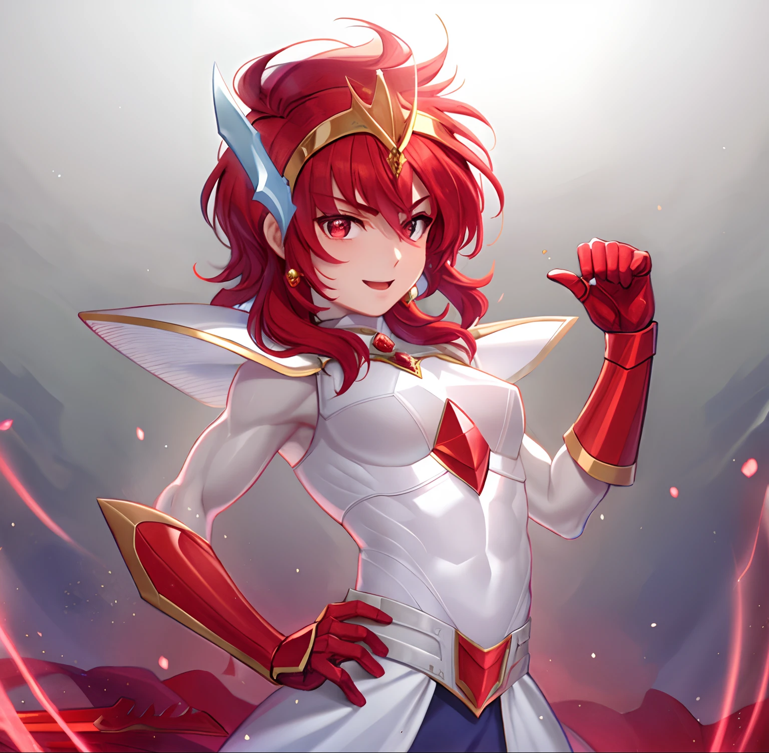Anime boy in white dress with red hair and sword, Knight of Zodiac Boy, Portrait Knight of Zodiac Boy, Galactic Prince, drawn in the style of artgerm, Muscular men, Dress Armor Boy, In ruby armor, Commission for high resolution, detailed fan art, Prince of Ruby