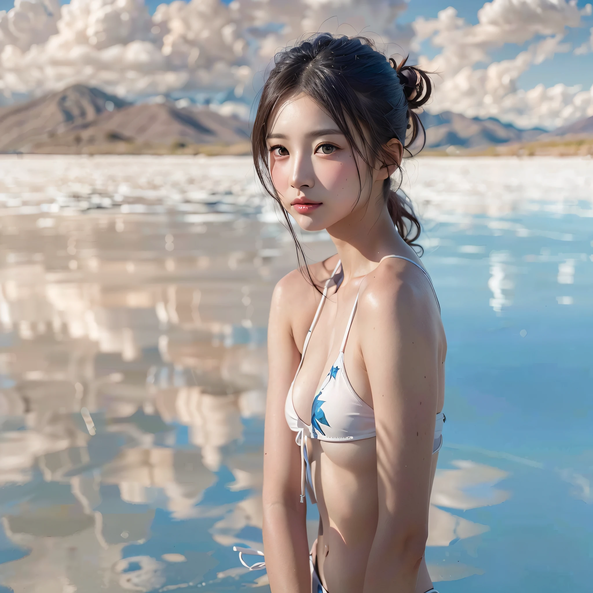 (Salar de Uyuni:1.3), (Clear blue sky and clouds reflecting on the surface of the lake), (fullbody), (Medium hair, black hair), (top-quality, Photorealsitic:1.4, masterpiece:1.3, RAW Photography:1.2, cinematric light, very detailed illustration), (1woman:1.3, solo), (asian girl, ultra delicate face, ultra Beautiful fece, ultra delicate eyes, ultra detailed nouse, ultra detailed mouth, ultra detailed facial features), petite woman, (Swimwear with a small area),  (medium breast:1.3), from the front side, skiny, lipgloss