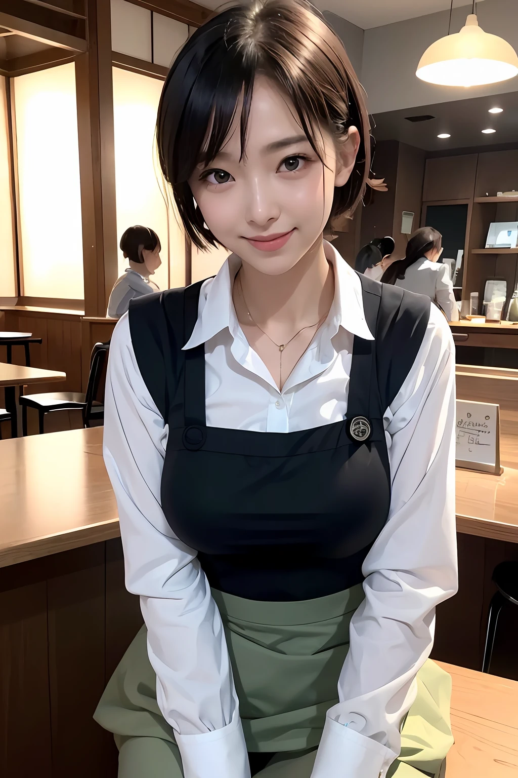 ((top-quality、8K、masterpiece:1.3))、foco nítido:1.2、A beautiful woman with perfect body:1.4、((Layered Haircut、))、huge tit(no-bra) (Small and beautiful hard nipple) 、(Black polo shirt、Green apron)、(Inside the Starbucks store:1.2)、Starbucks apron、Wet body:1.1、Highly detailed facial and skin texture、 Detailed eye、二重まぶた、skin tanned、A sexy、sun burn